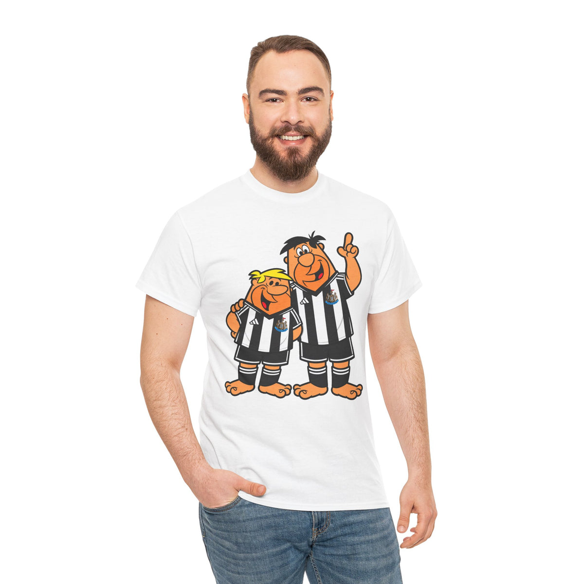 Newcastle United Flintstones Cartoon Cotton T-Shirt / Tee — Retro Striped Jersey Illustrations