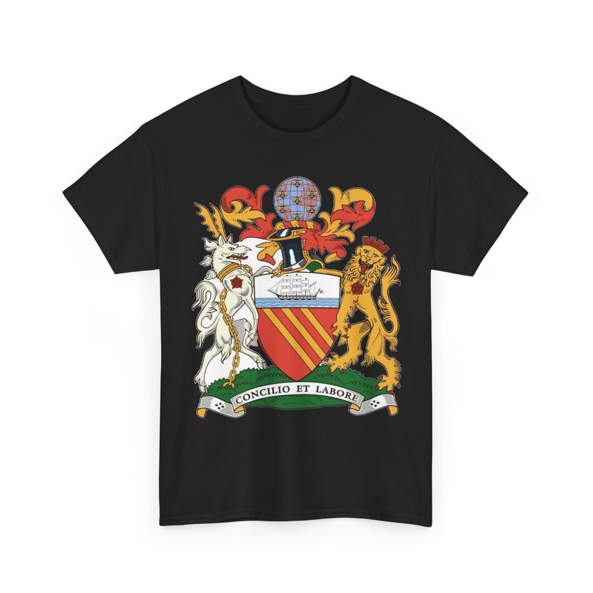 Manchester Coat of Arms Crest T‑Shirt — Heraldic Family Shield Tee with 'Concilio et Labore' Banner