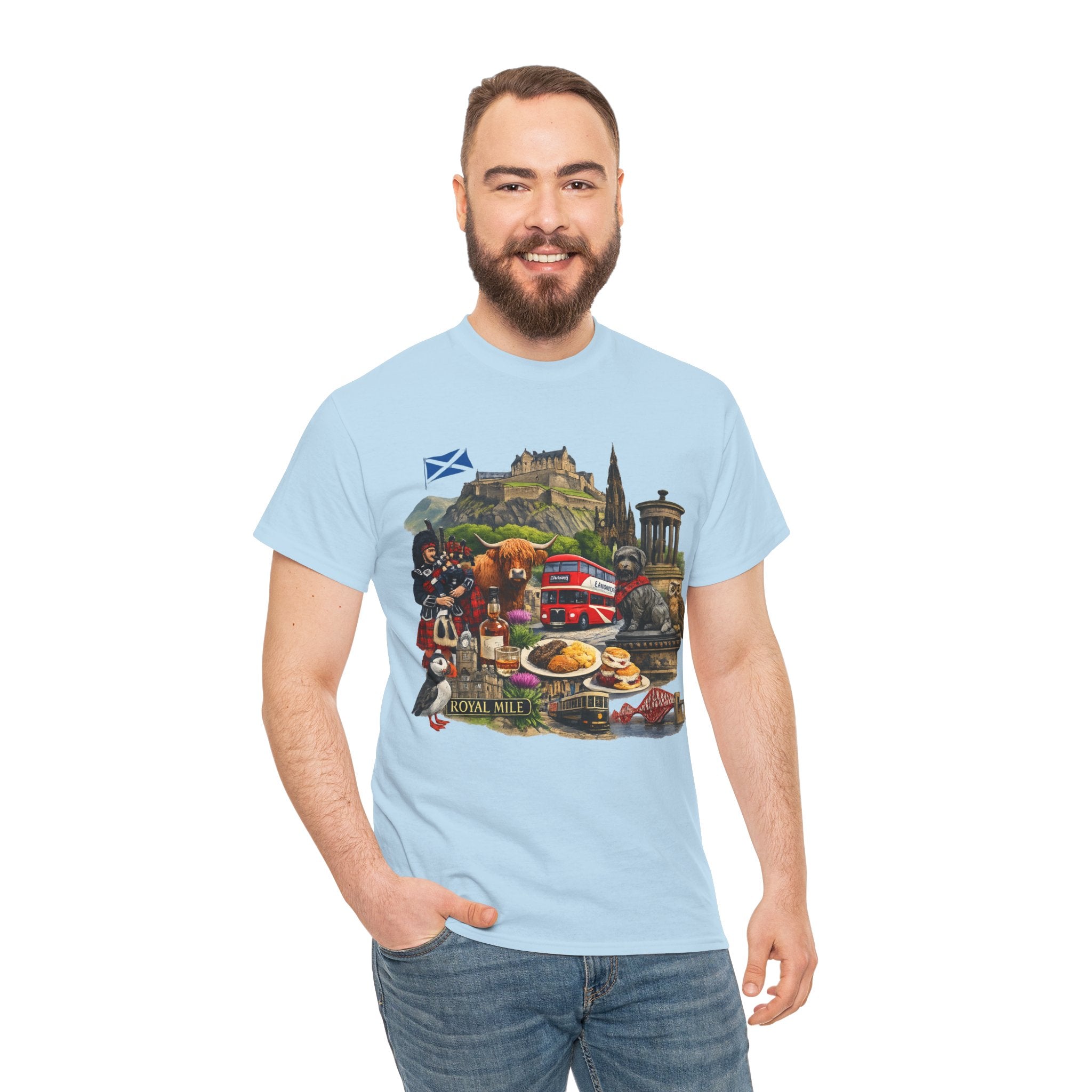 Scotland / Edinburgh Travel Collage T-Shirt — Edinburgh Castle, Bagpipes & Local Icons