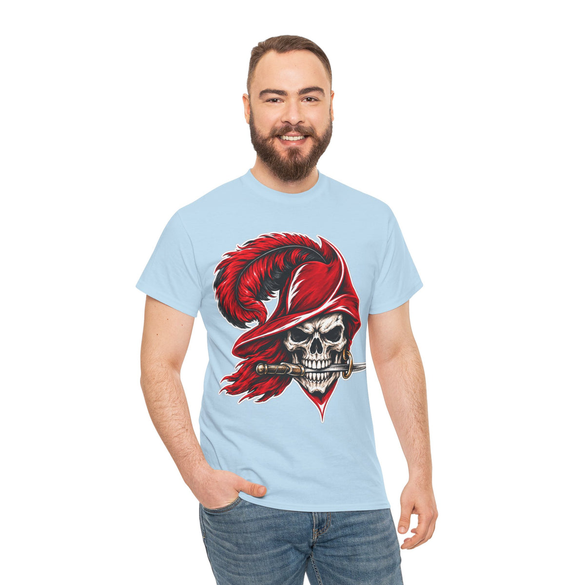 Skull Pirate Tee — Red Feathered Bandana Skull T‑Shirt