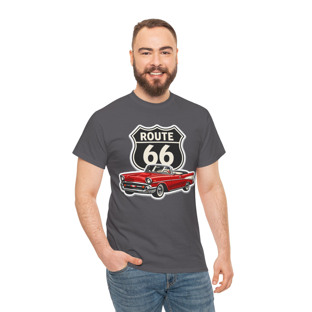 Route 66 Classic Car T‑Shirt — Retro Red Convertible Road Trip Tee