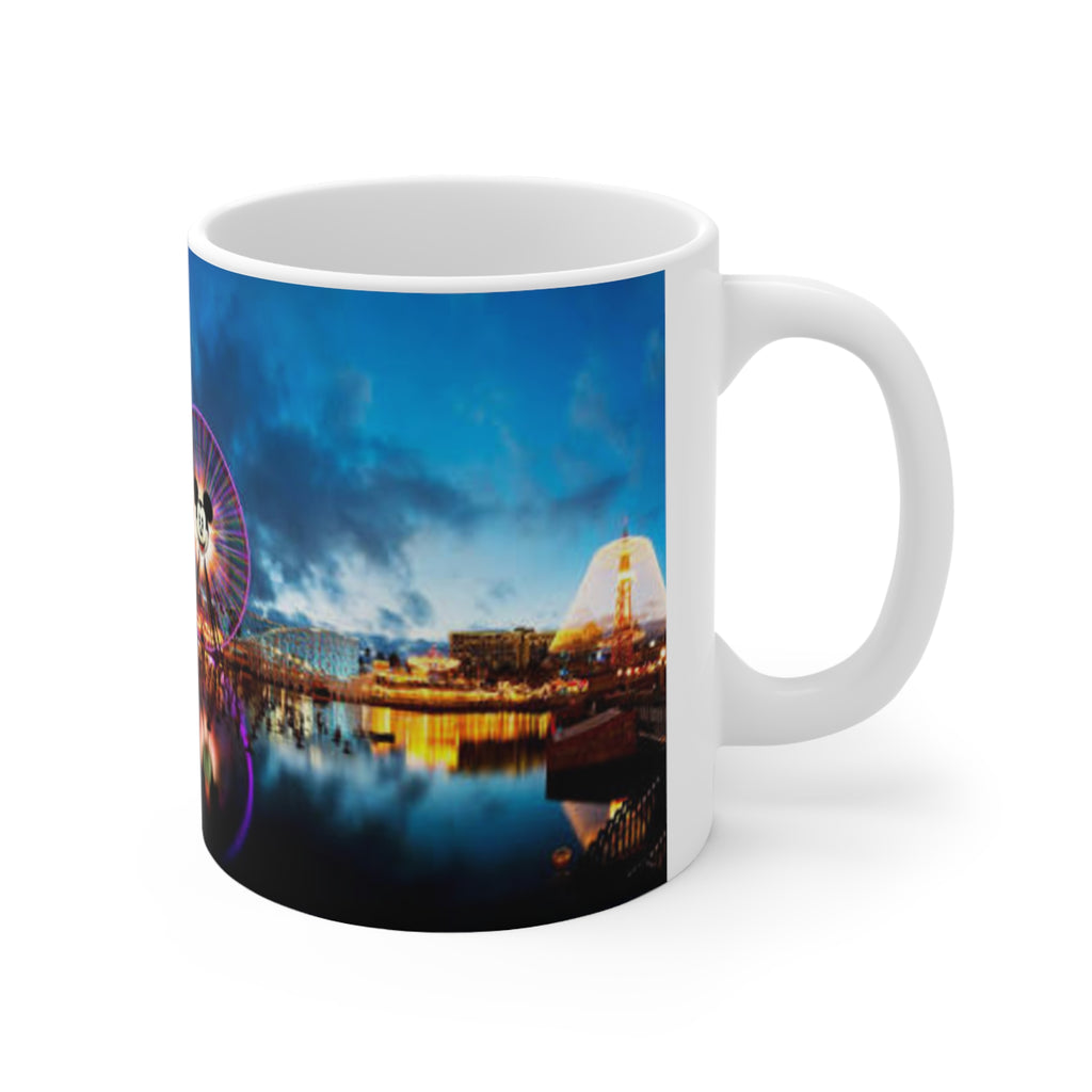 Disneyland Nighttime Theme Park Ferris Wheel Mug — Colorful Reflection Ceramic Coffee Cup (11oz/15oz)