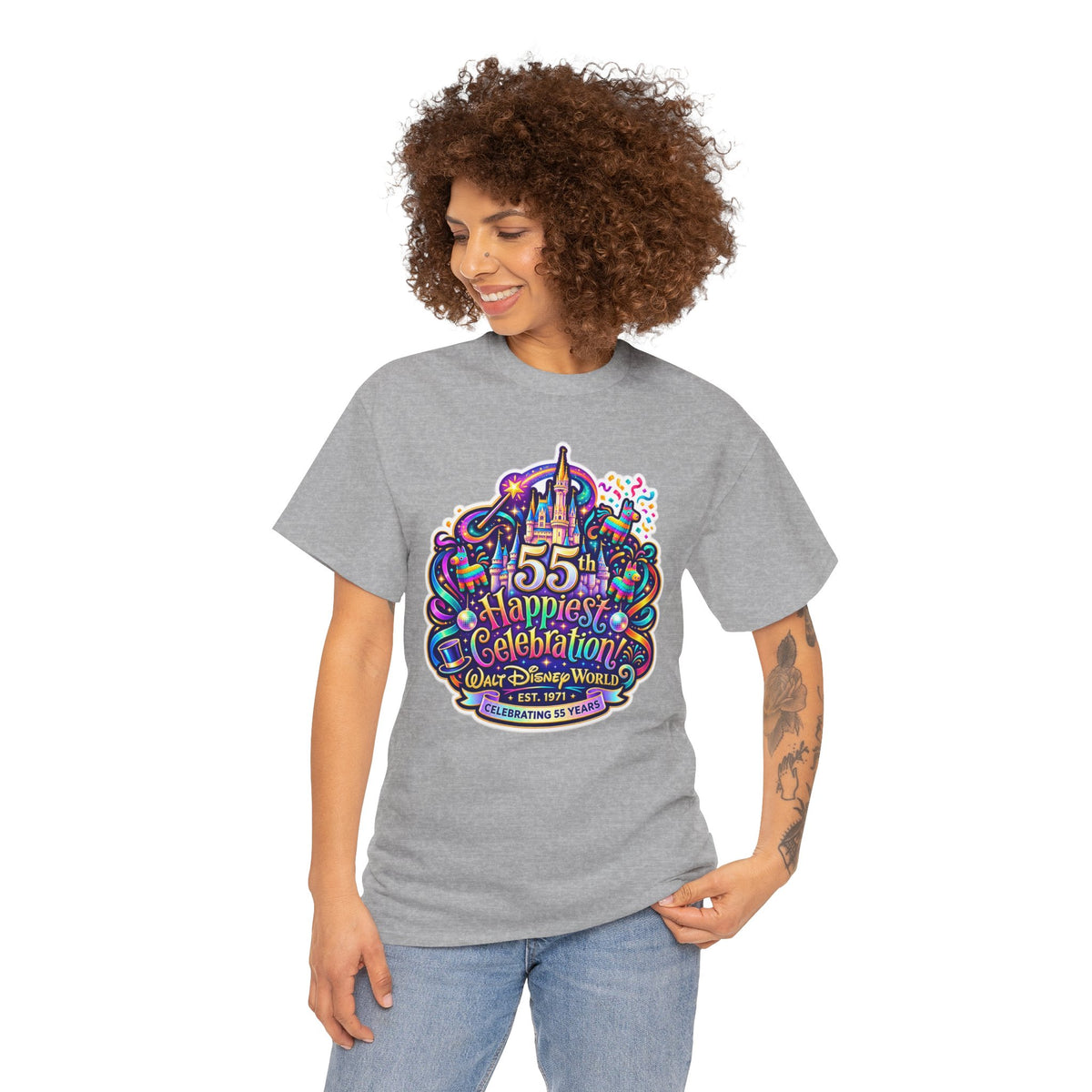 T-Shirt — "55th Happiest Celebration" Colorful Anniversary Castle Graphic Tee
