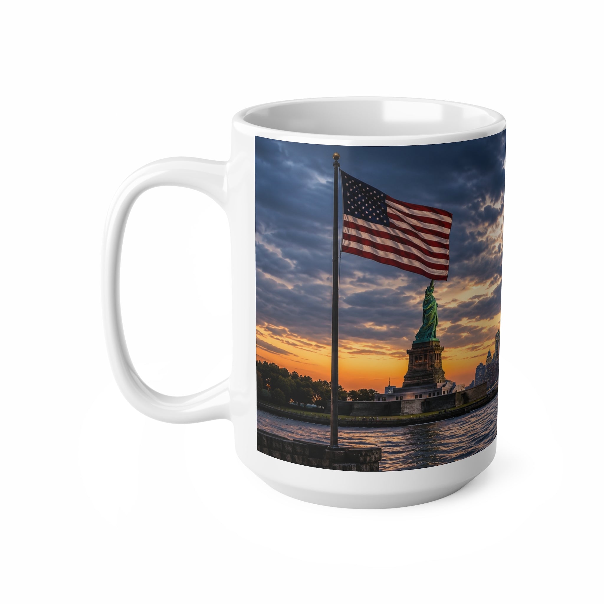 Statue of Liberty Sunset Mug — NYC Skyline Coffee Cup with American Flag (11oz & 15oz)