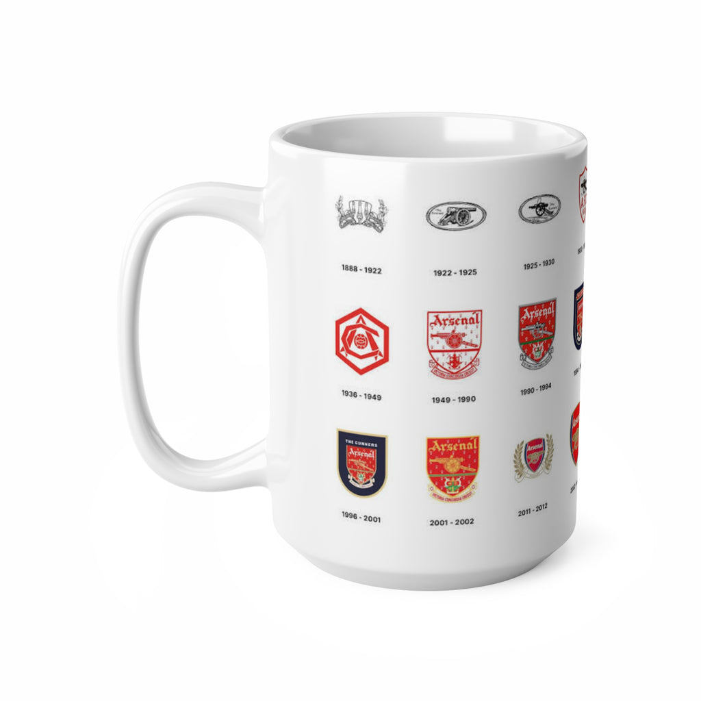 Arsenal Crest Evolution Coffee Mug — Timeline of Club Crests, 11oz & 15oz
