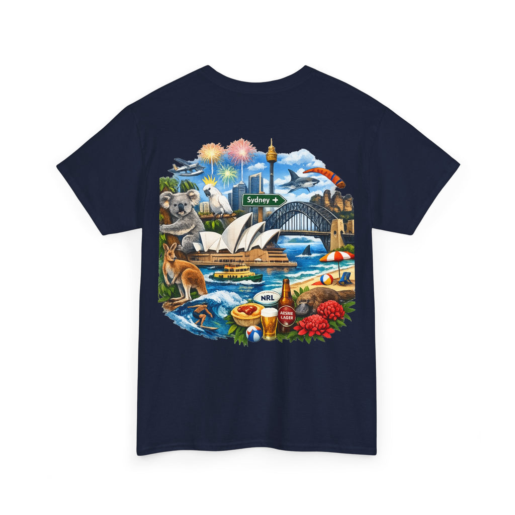 T-Shirt — Sydney Landmark Collage Tee (Opera House, Harbour Bridge, Koala & Beach Scene)