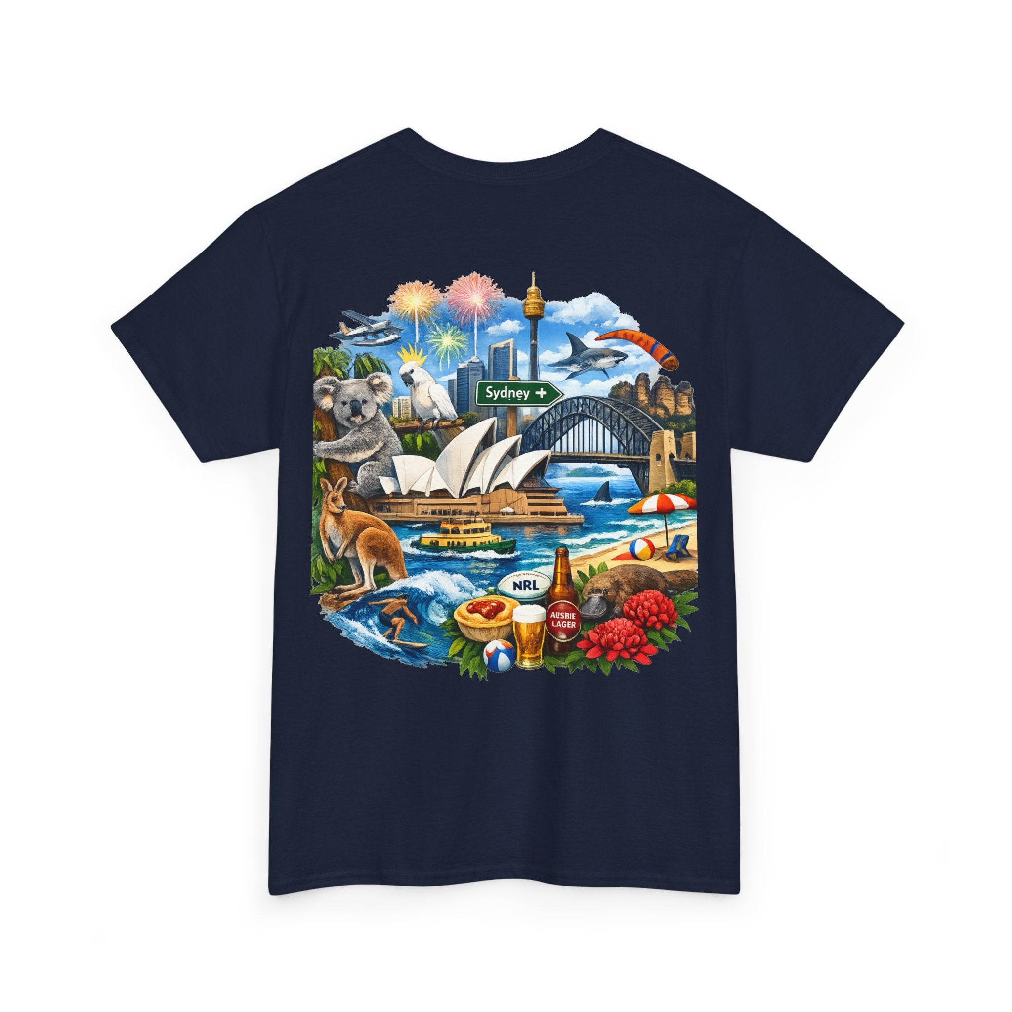 T-Shirt — Sydney Landmark Collage Tee (Opera House, Harbour Bridge, Koala & Beach Scene)