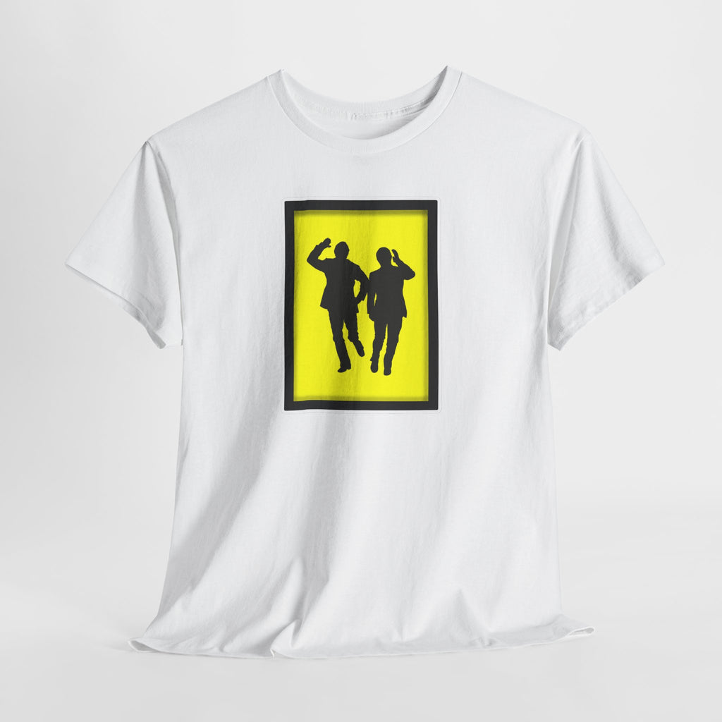 Morecambe and Wise Dancing Silhouette Tee – Retro Yellow Frame Graphic T-Shirt