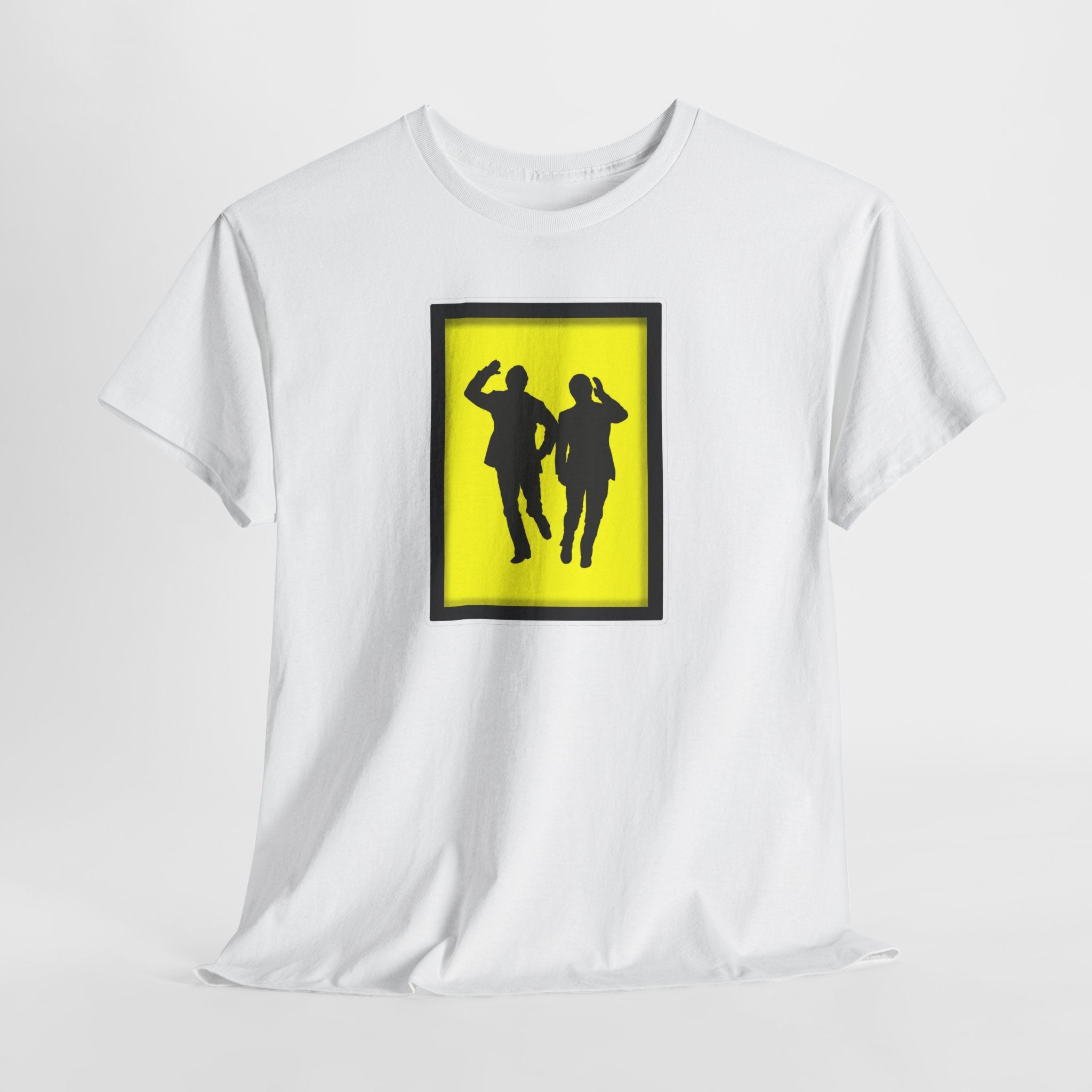 Morecambe and Wise Dancing Silhouette Tee – Retro Yellow Frame Graphic T-Shirt