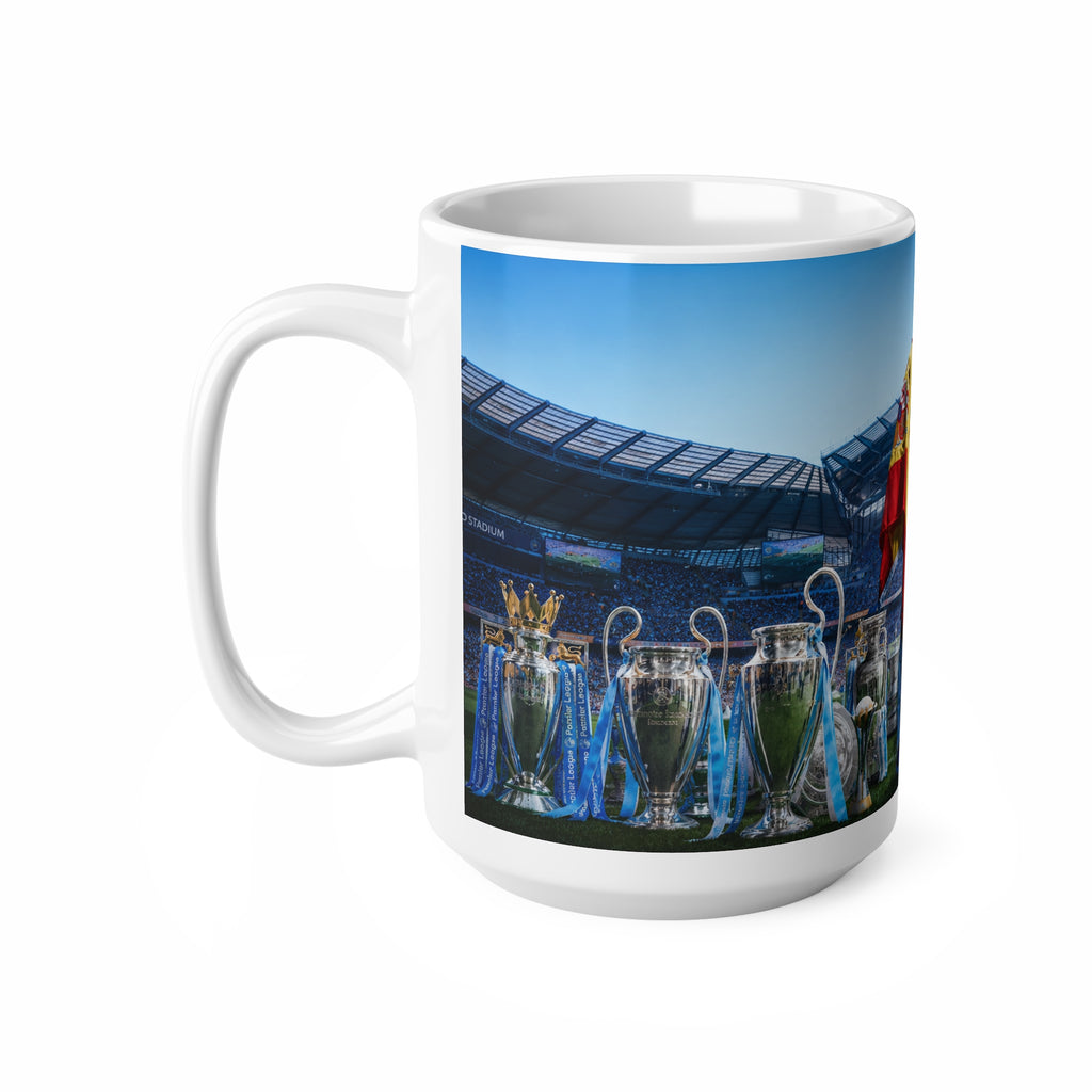 Rodri Man City Soccer Champion Ceramic Mug — Fan Cup with Trophies & Stadium Scene