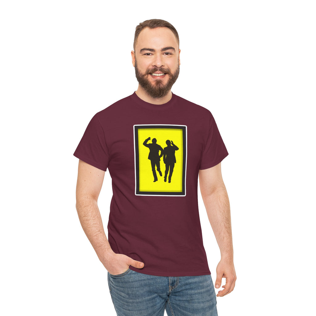 Morecambe and Wise Dancing Silhouette Tee – Retro Yellow Frame Graphic T-Shirt