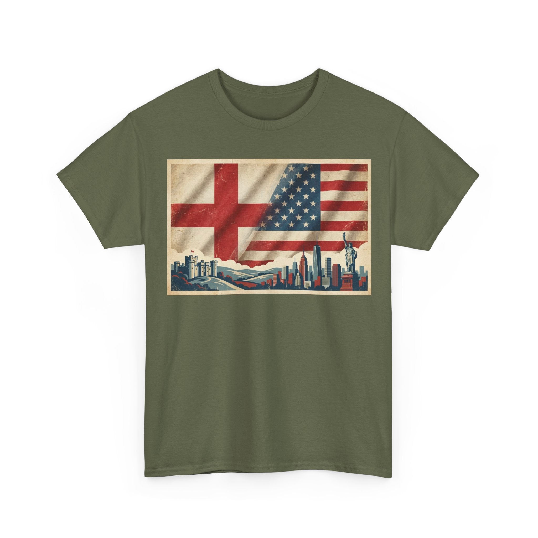 England + USA Flag Skyline T-Shirt — Vintage London & New York City Pride Tee