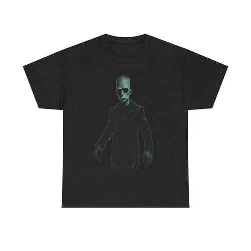 Alien Shadow Graphic Tee — Neon Green Sci‑Fi Skeleton Design