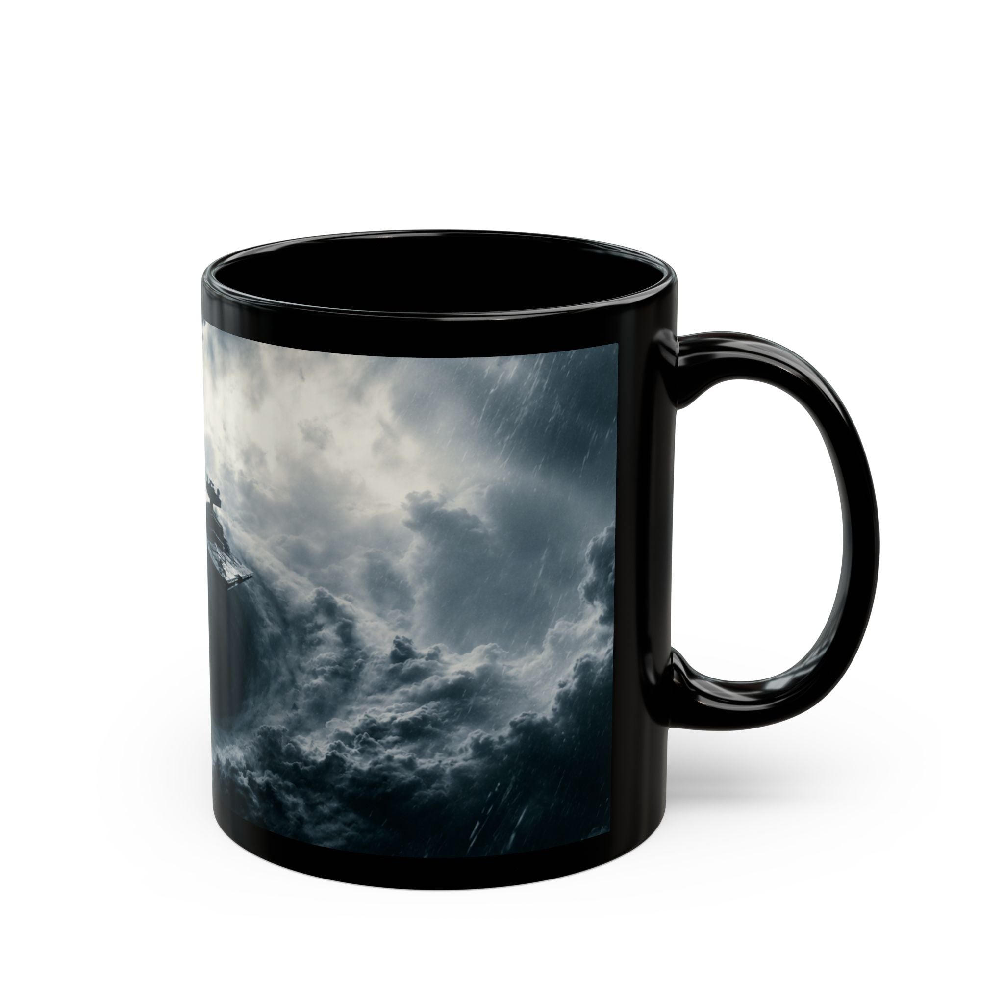 Empire Star Destroyer Stormy Starship Black Mug — Sci‑Fi Space Battle Coffee Cup (11oz, 15oz)