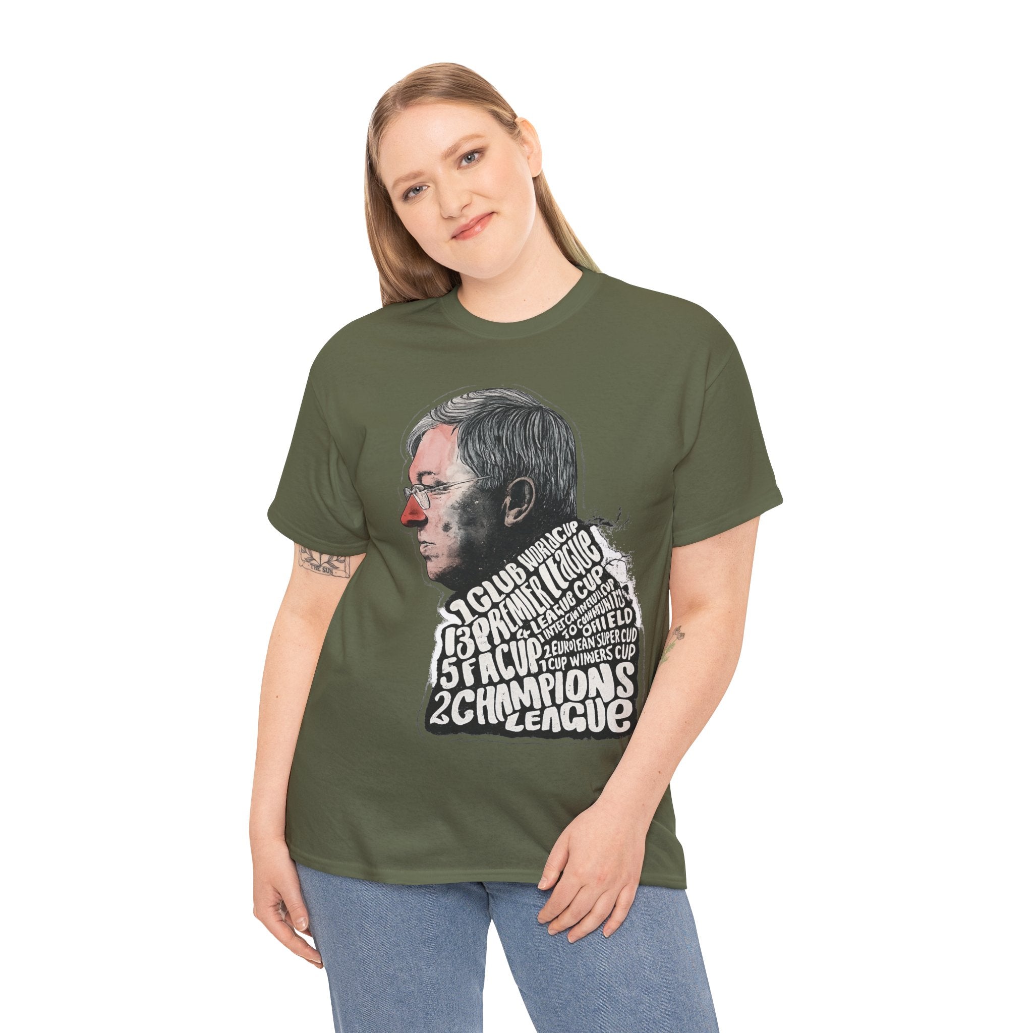 SIr Alex Ferguson Achievements Vintage Football Manager Profile Tee — Illustrated Head with Trophy Text Design