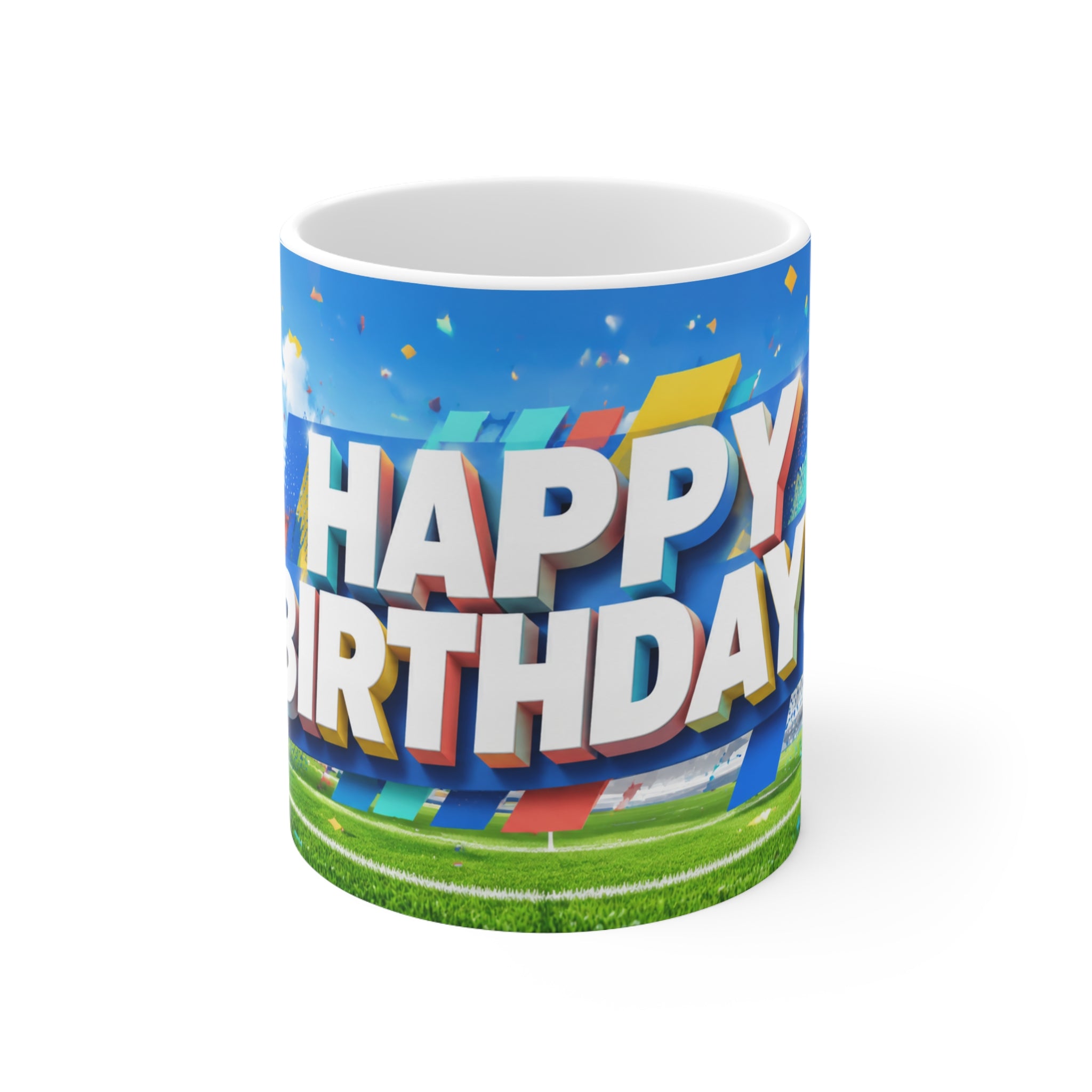 Happy Birthday Football Fan Ceramic Coffee Mug — Festive Balloons & Confetti Design (11oz, 15oz)