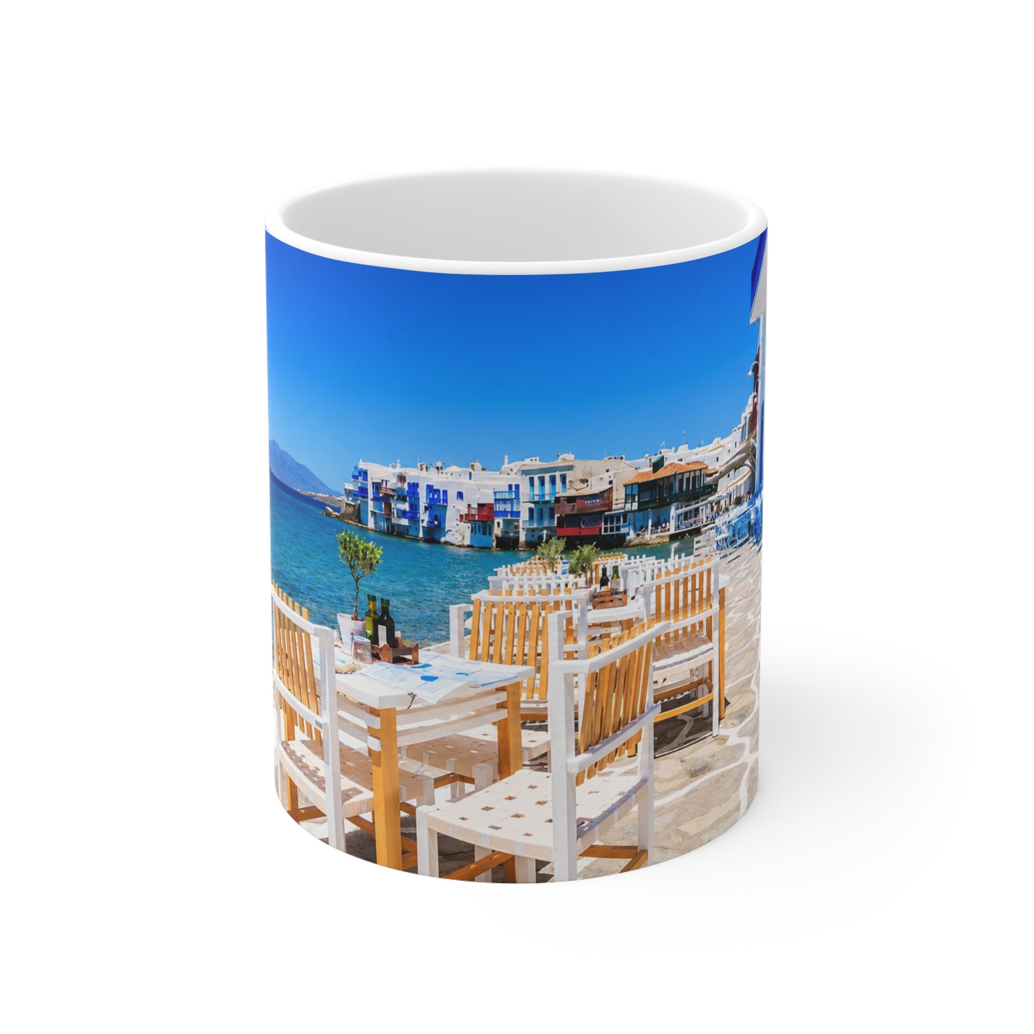 Mediterranean Seaside Photo Mug — Scenic Beach Cafe Ceramic Coffee Cup (11oz, 15oz)