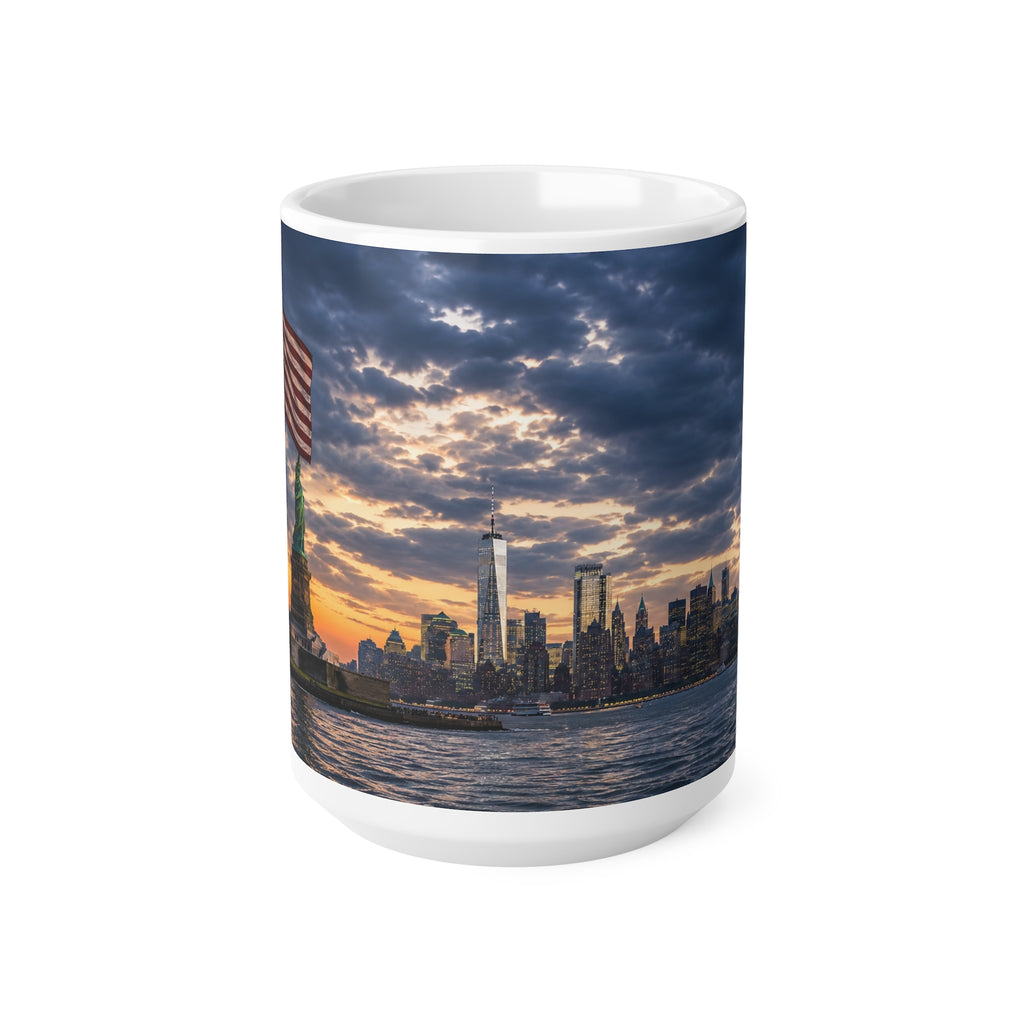 Statue of Liberty Sunset Mug — NYC Skyline Coffee Cup with American Flag (11oz & 15oz)