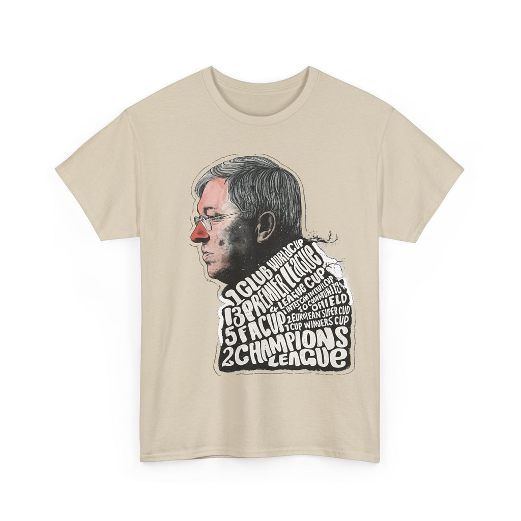 SIr Alex Ferguson Achievements Vintage Football Manager Profile Tee — Illustrated Head with Trophy Text Design