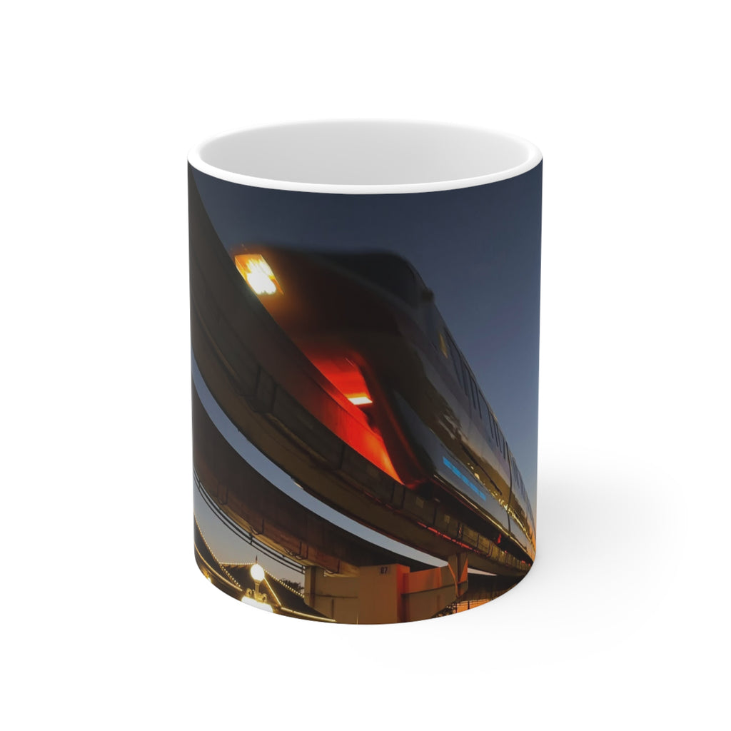 WDW Monorail Nightscape Ceramic Mug — Modern Curved Building Photo (11oz & 15oz)