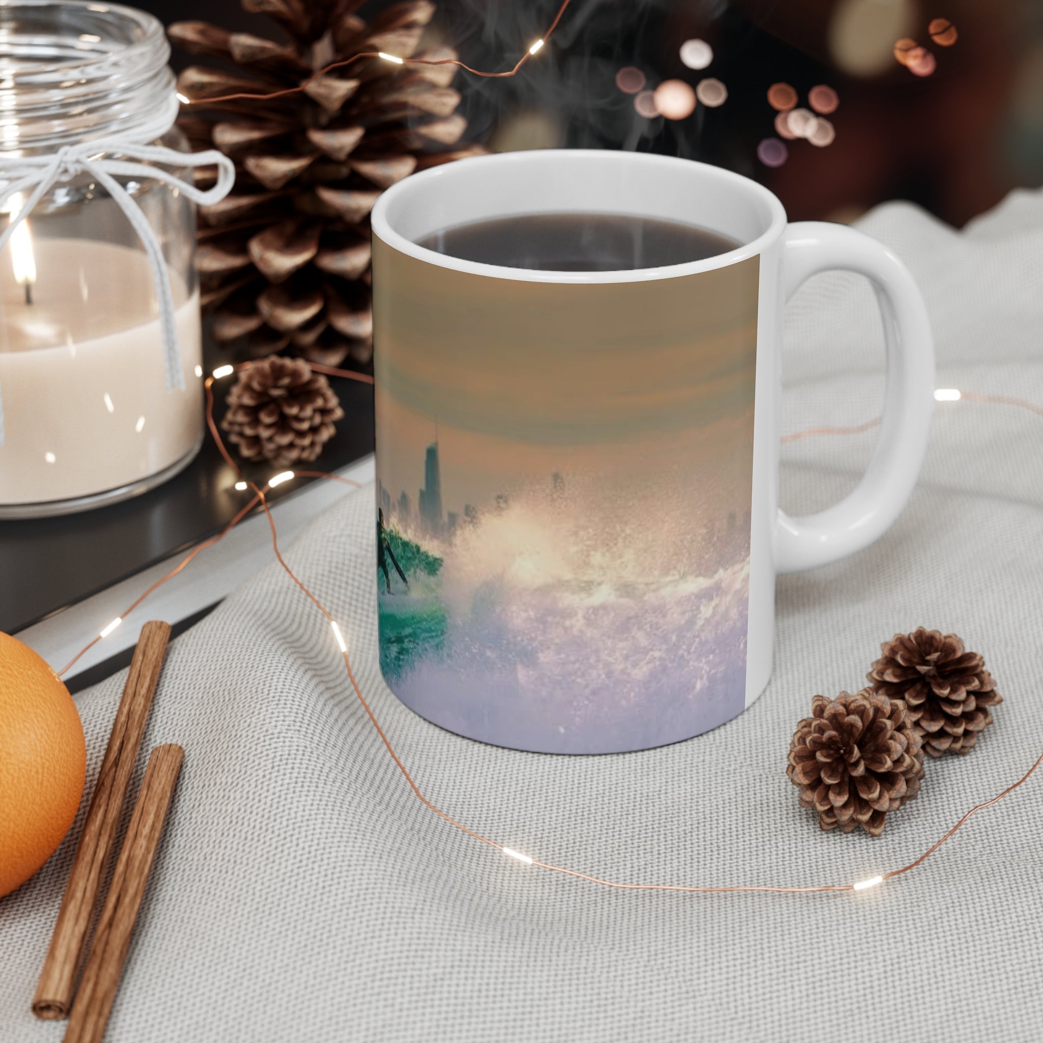 Surfer City Skyline Ceramic Coffee Mug – Ocean Wave Sunrise 11oz & 15oz