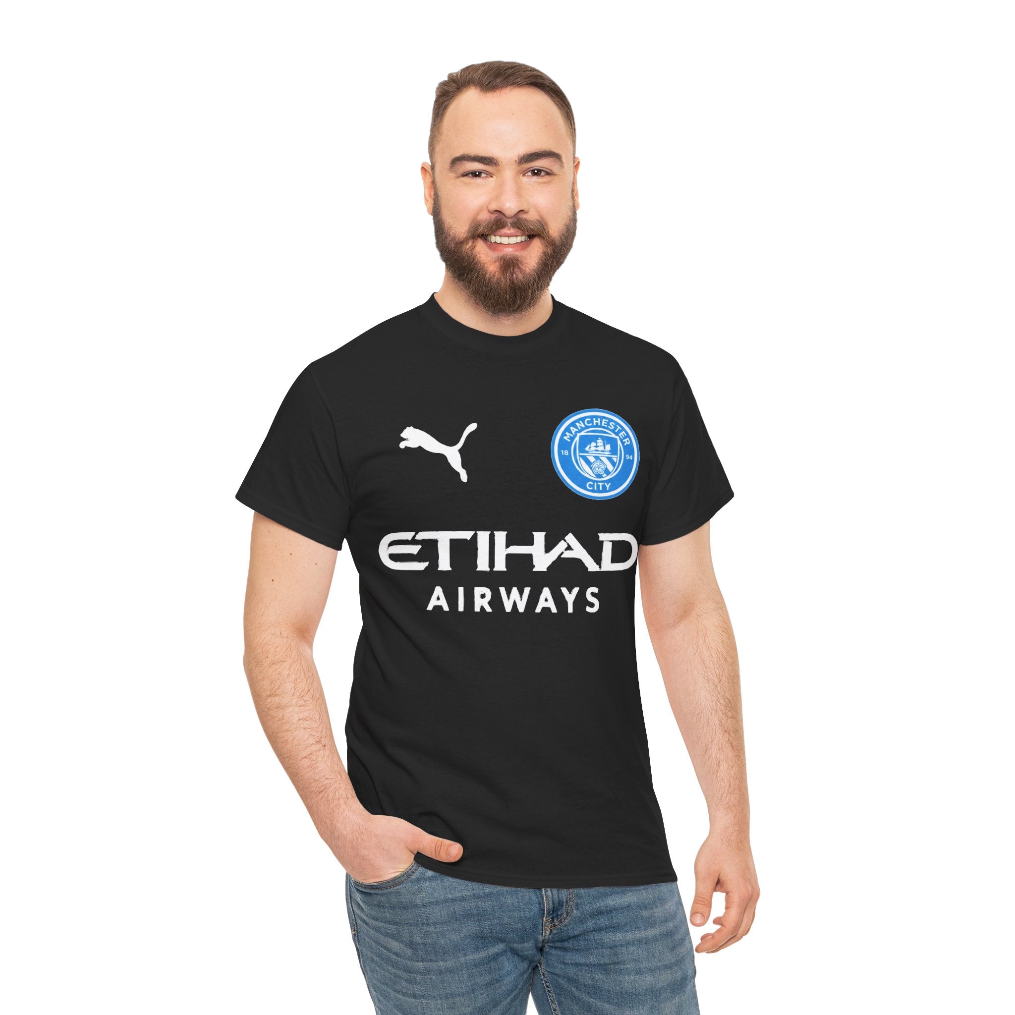 Man City Inspired Etihad Airways Logo Tee - Black Puma Style Football Shirt