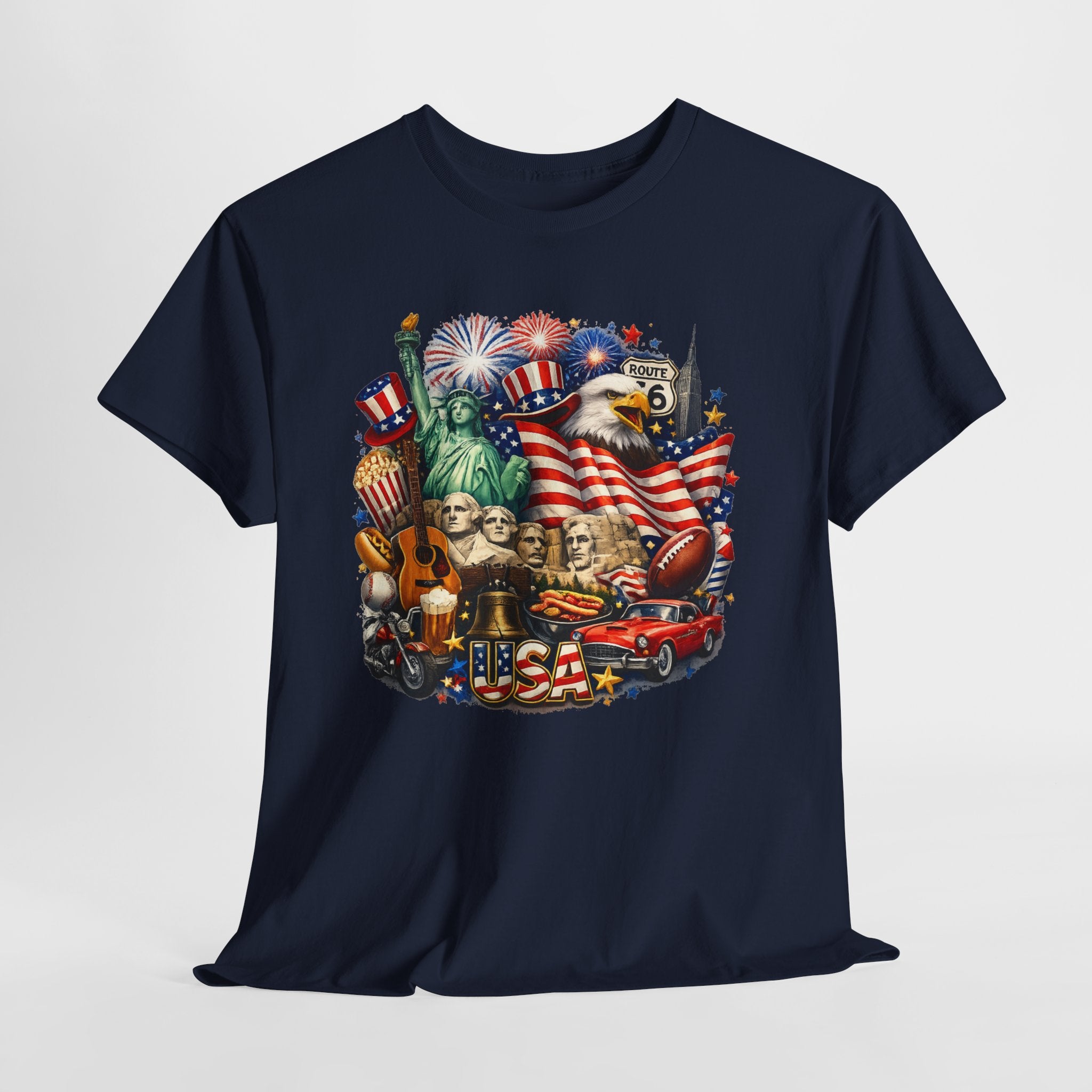 Patriotic USA Graphic Tee – American Flag, Statue of Liberty & Fireworks T-Shirt