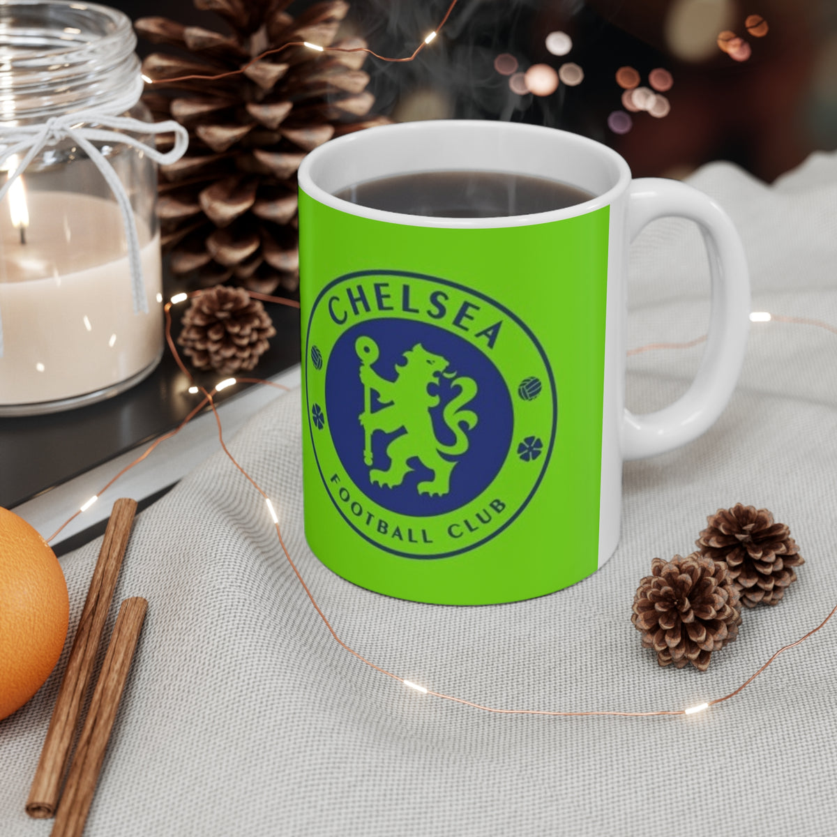 Chelsea-Inspired Neon Green Football Mug (11oz, 15oz)