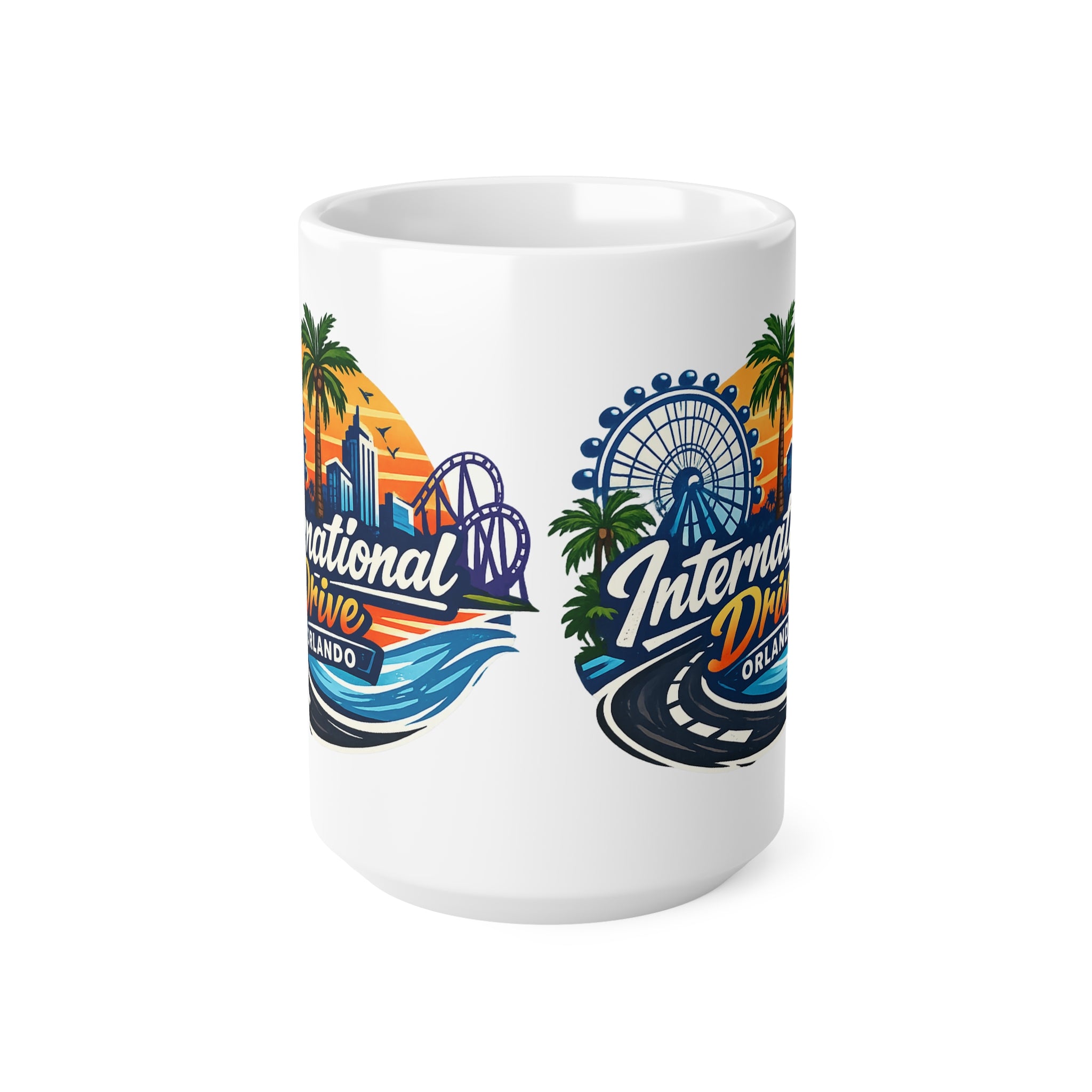 Orlando International Drive Souvenir Mug — 11oz/15oz Ceramic Coffee Cup with Ferris Wheel & Sunset Design