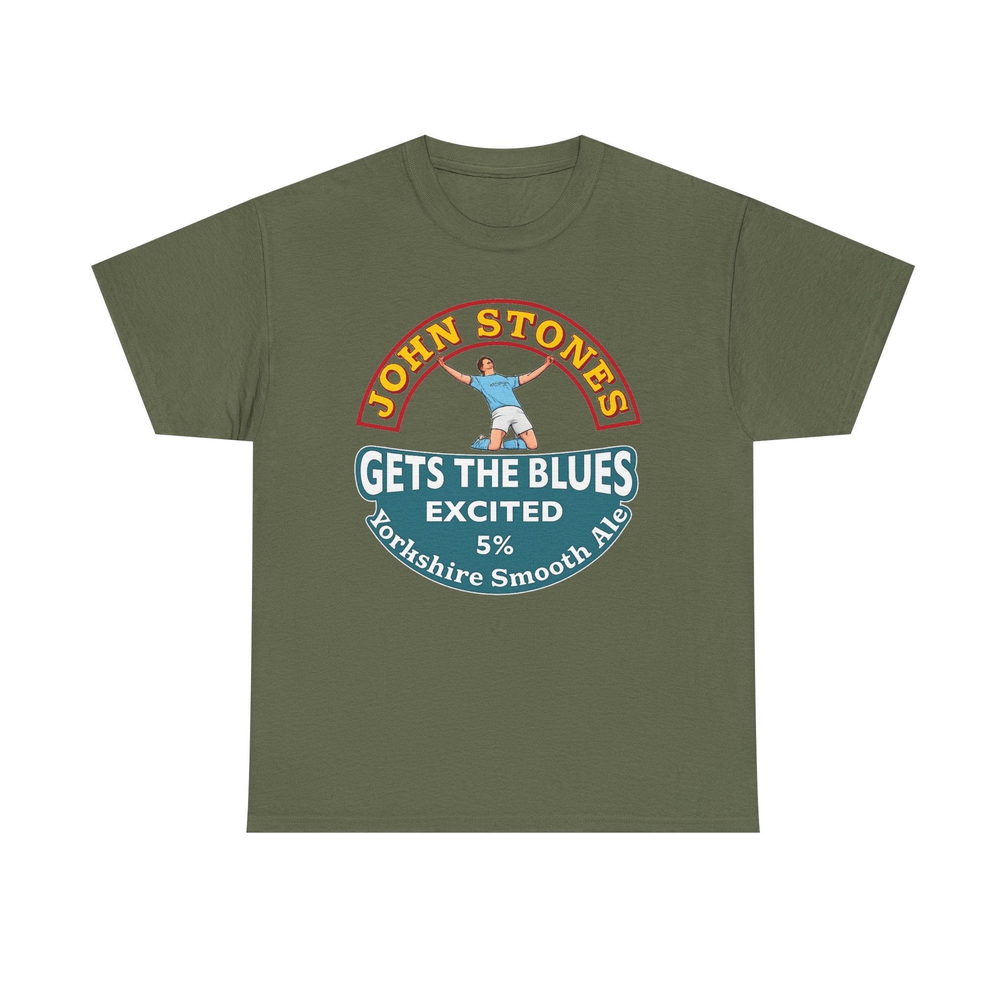 John Stones T-Shirt — "Gets The Blues Excited" Retro Ale Parody Tee