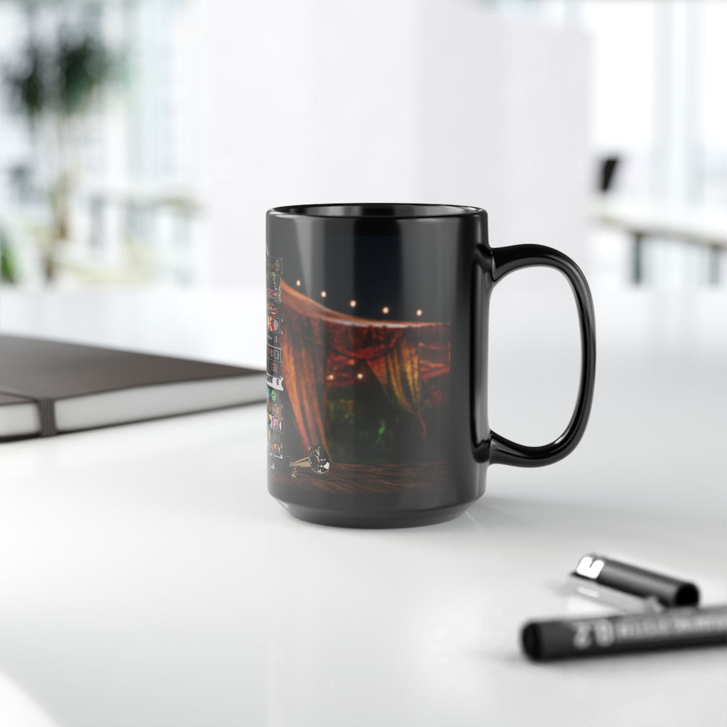 Gothic Horror Bookstack Black Coffee Mug — Vintage Circus, Witchy Reading Vibe (11oz/15oz)