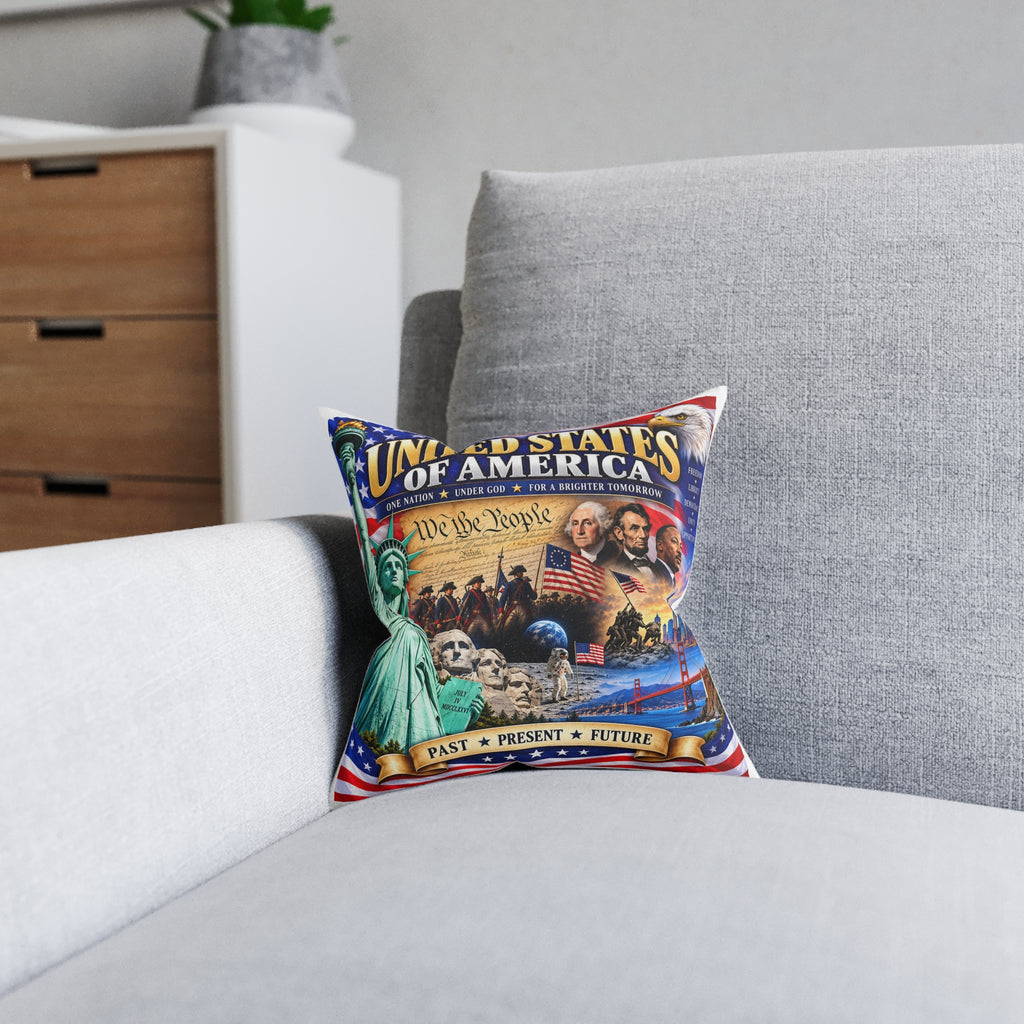 United States of America Patriotic Square Pillow — "We the People" Past Present Future