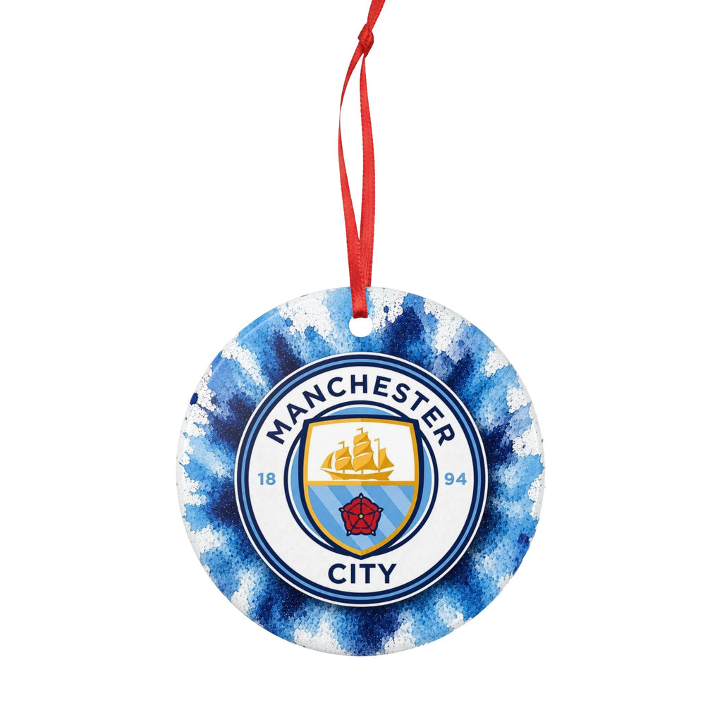 Manchester City Ceramic Ornament — Double-Sided Blue Tie-Dye Holiday Decoration