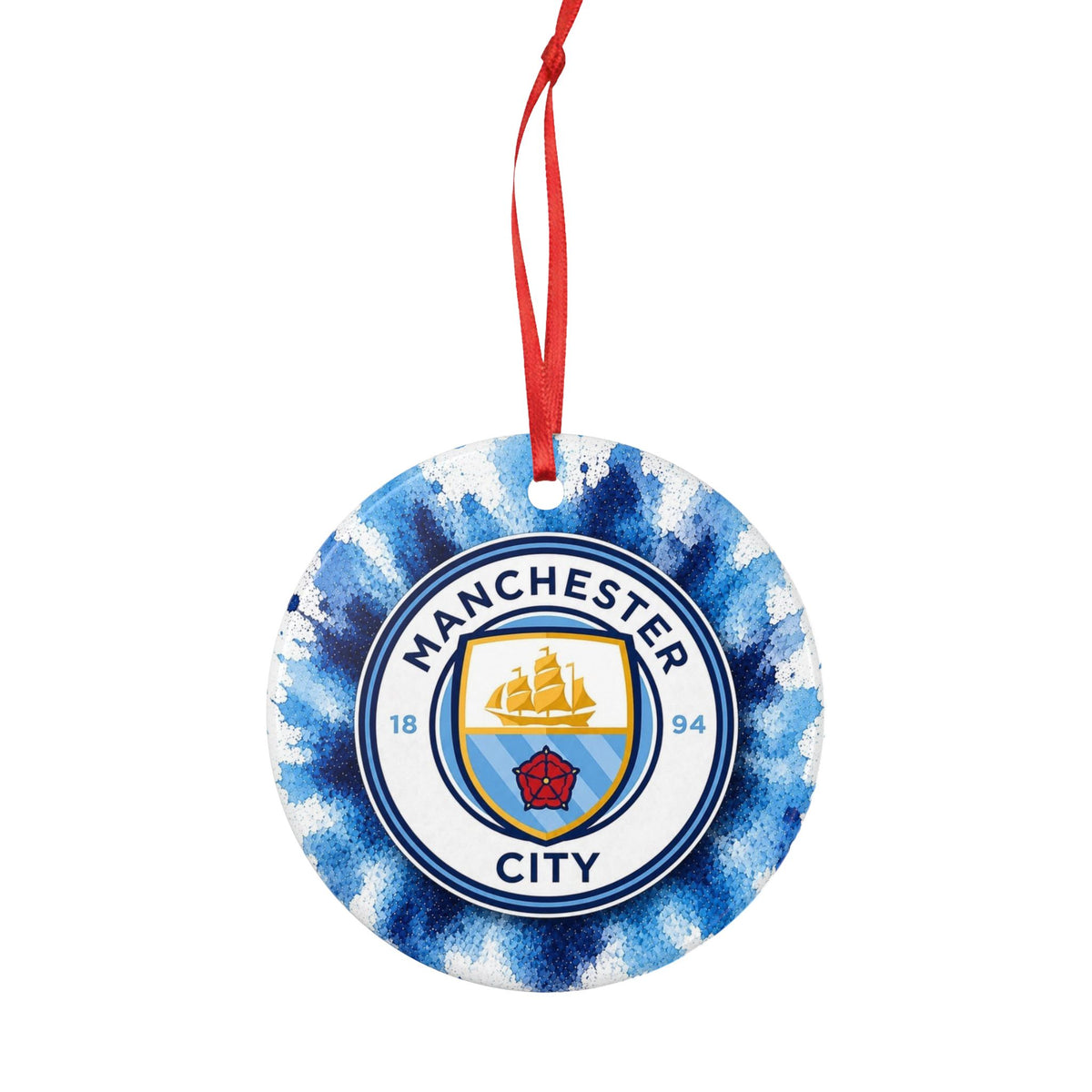 Manchester City Ceramic Ornament — Double-Sided Blue Tie-Dye Holiday Decoration