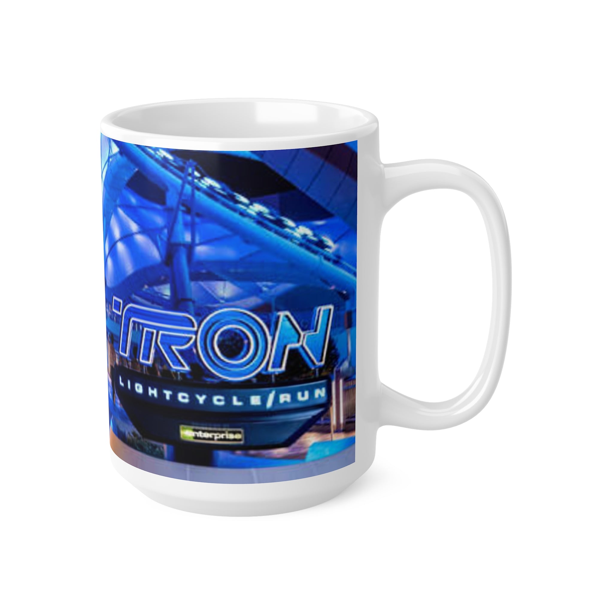 Blue Neon Cityscape Mug — Vibrant Nighttime Urban Photography Ceramic Coffee Cup (11oz & 15oz)