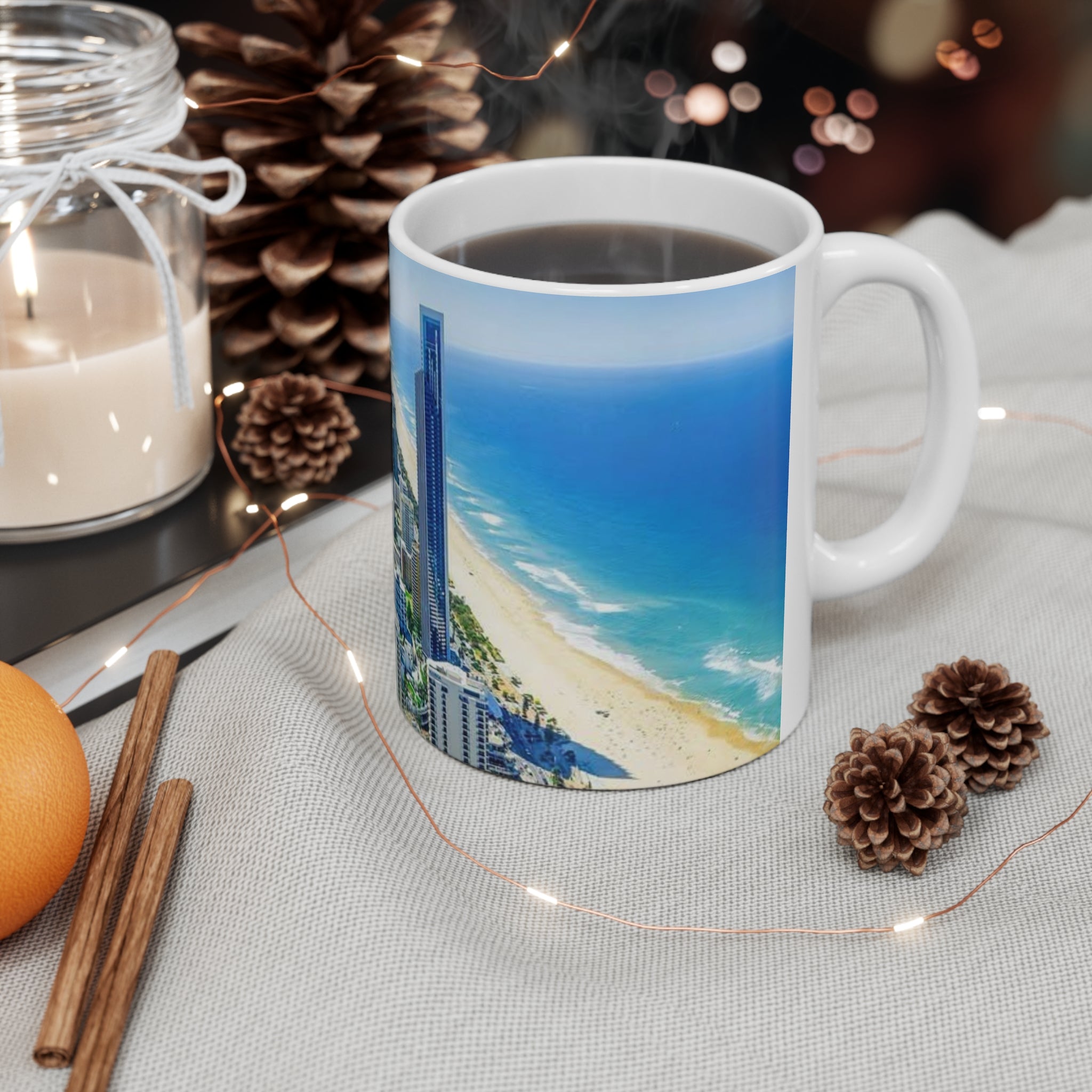 Coastal City Skyline Ceramic Coffee Mug — Aerial Beachfront Cityscape 11oz/15oz