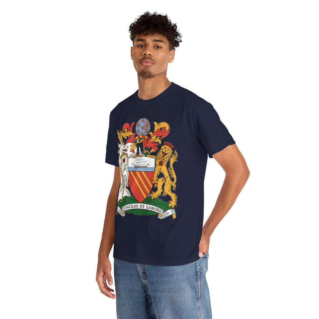 Manchester Coat of Arms Crest T‑Shirt — Heraldic Family Shield Tee with 'Concilio et Labore' Banner