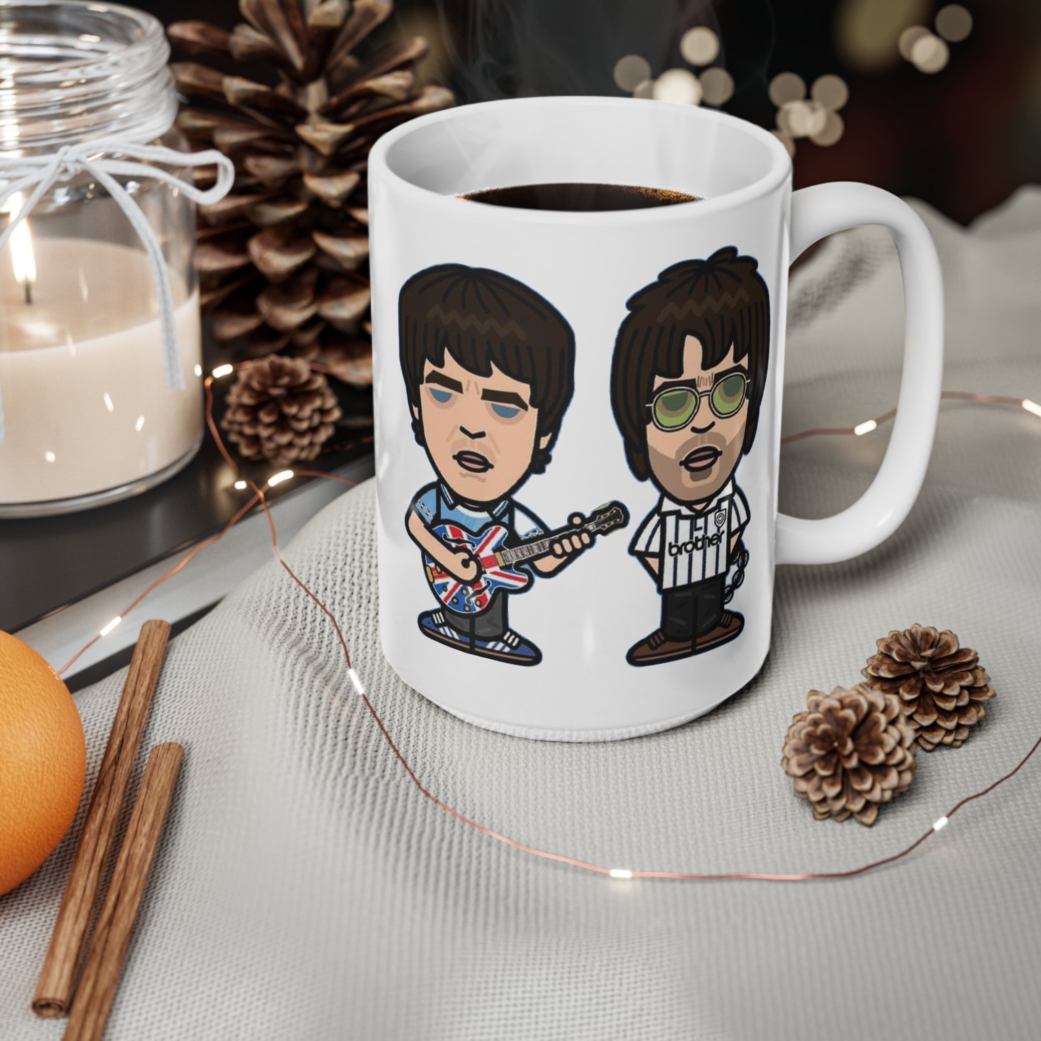 Oasis Cartoon Mug — Union Jack Guitar Character Ceramic Coffee Cup (11oz & 15oz)