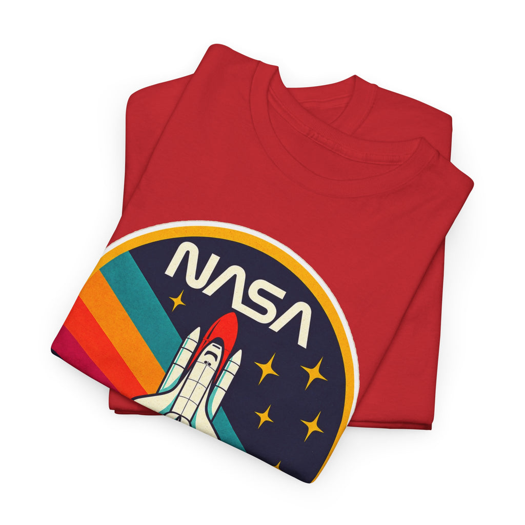 NASA Retro Rocket T‑Shirt — Vintage Space Shuttle Tee with Rainbow Trail
