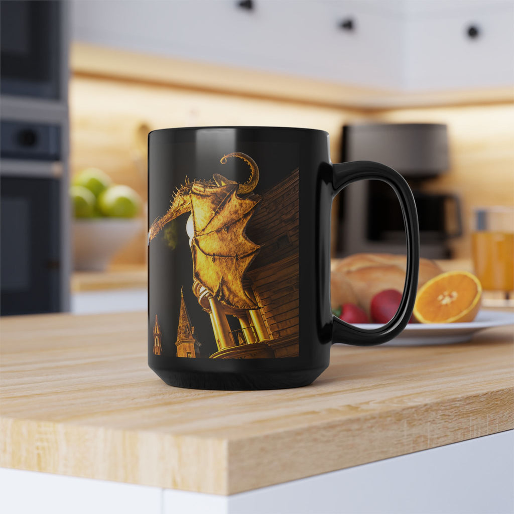 Golden Dragon Fire-Breathing Black Mug — Fantasy Castle Coffee Cup