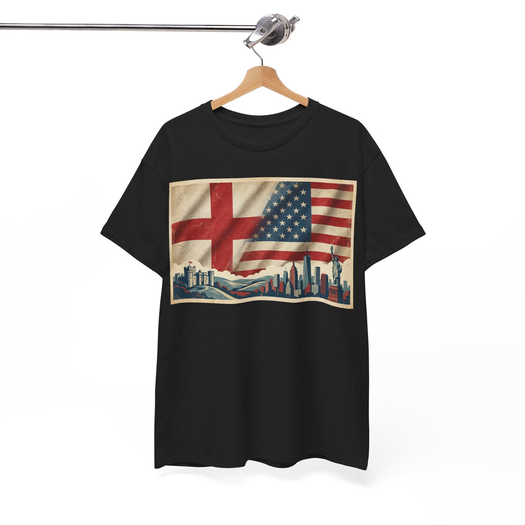 England + USA Flag Skyline T-Shirt — Vintage London & New York City Pride Tee