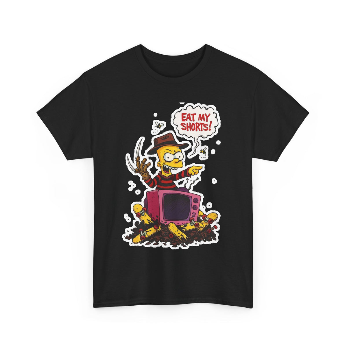 Horror TV Mashup Tee — “Eat My Shorts!” Retro Cartoon Tee