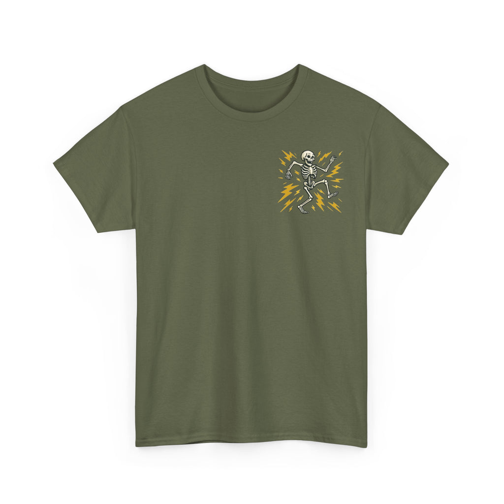 Electrician Skeleton Tee — "I'm an Electrician: If I Dance Without Music, Shut the Main Breaker Off"