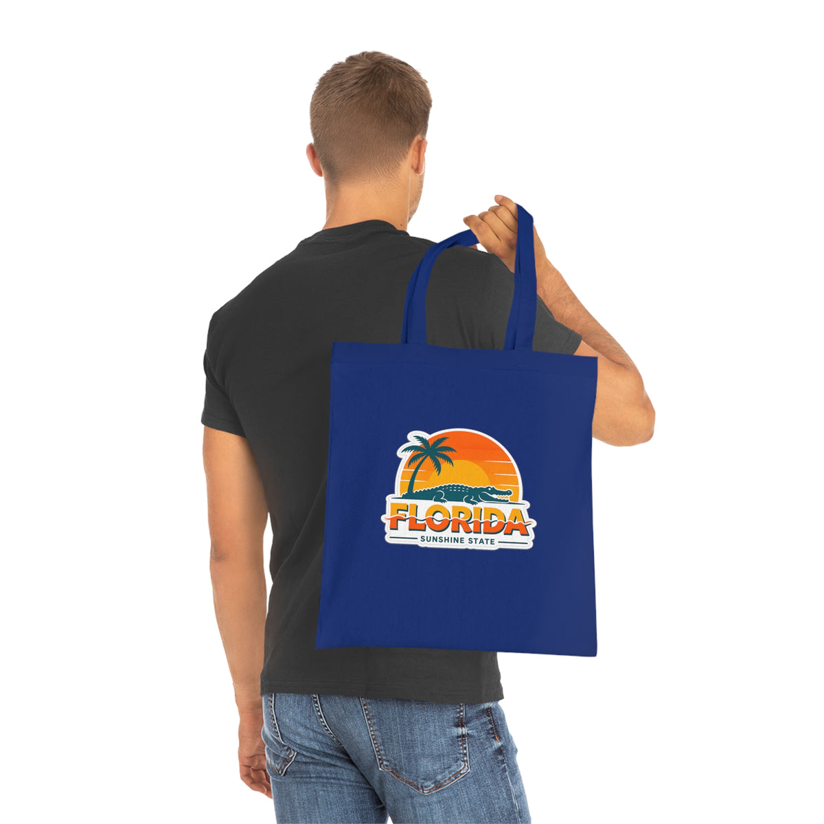 Florida Sunshine State Palm Tree Tote Bag — Retro Beach Sunset Cotton Tote