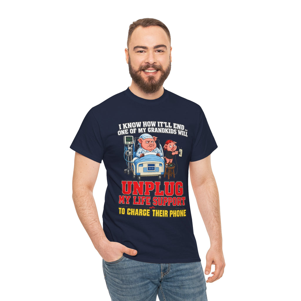 Funny Grandpa T-Shirt - "Unplug My Life Support to Charge Their Phone" Grandpa Humor Tee