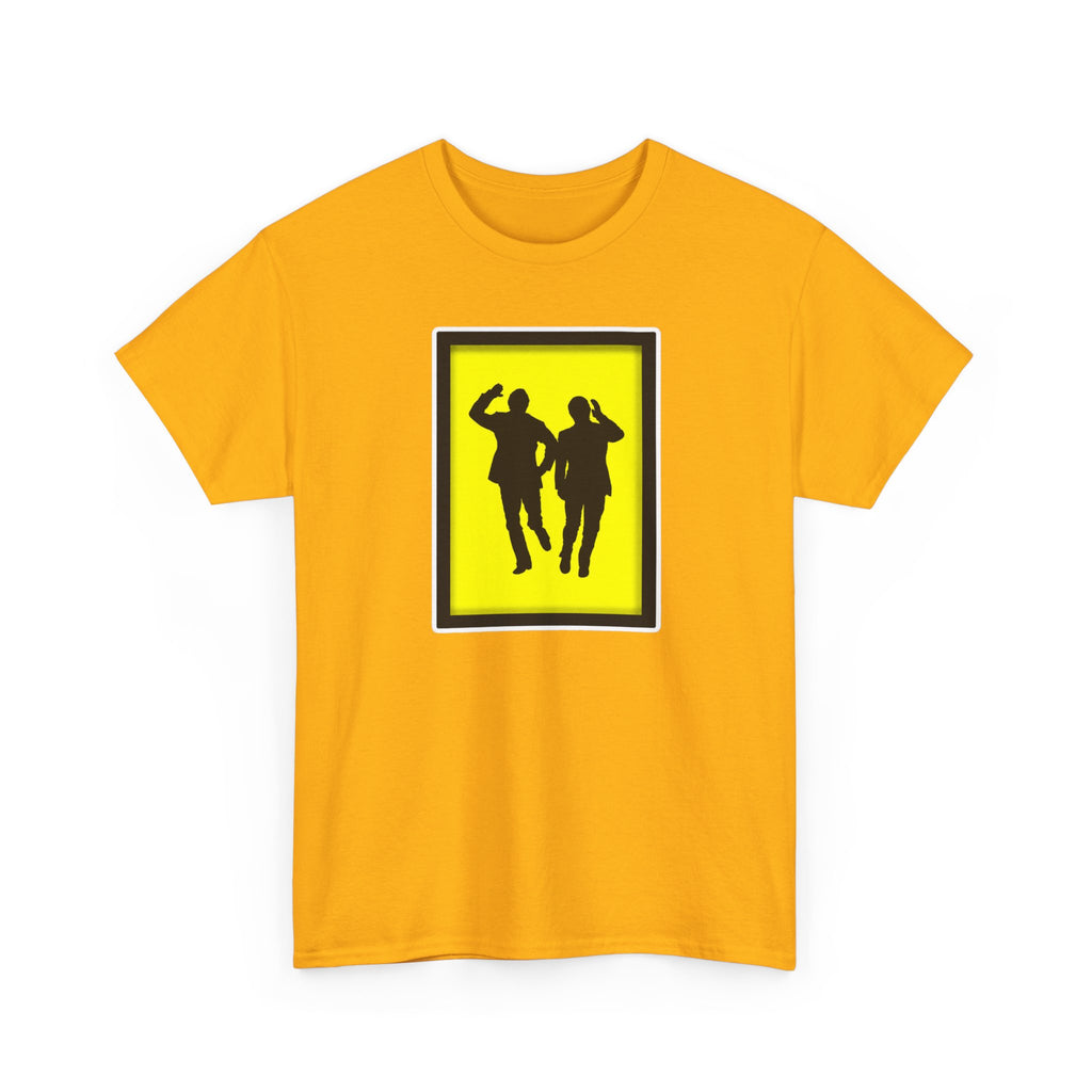 Morecambe and Wise Dancing Silhouette Tee – Retro Yellow Frame Graphic T-Shirt