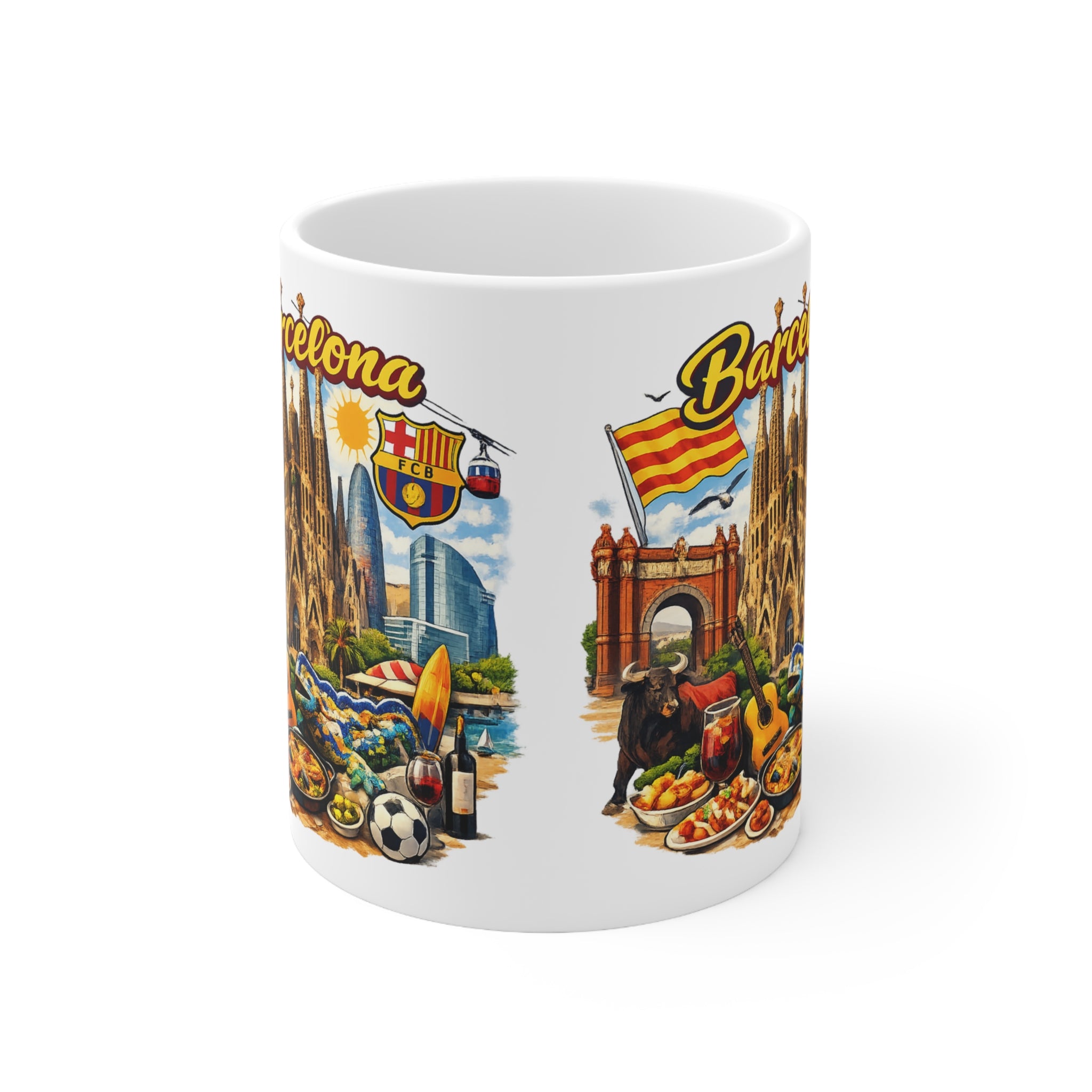 Barcelona Souvenir Mug — Ceramic Coffee Cup 11oz/15oz with Sagrada Familia, Paella & Flag Design