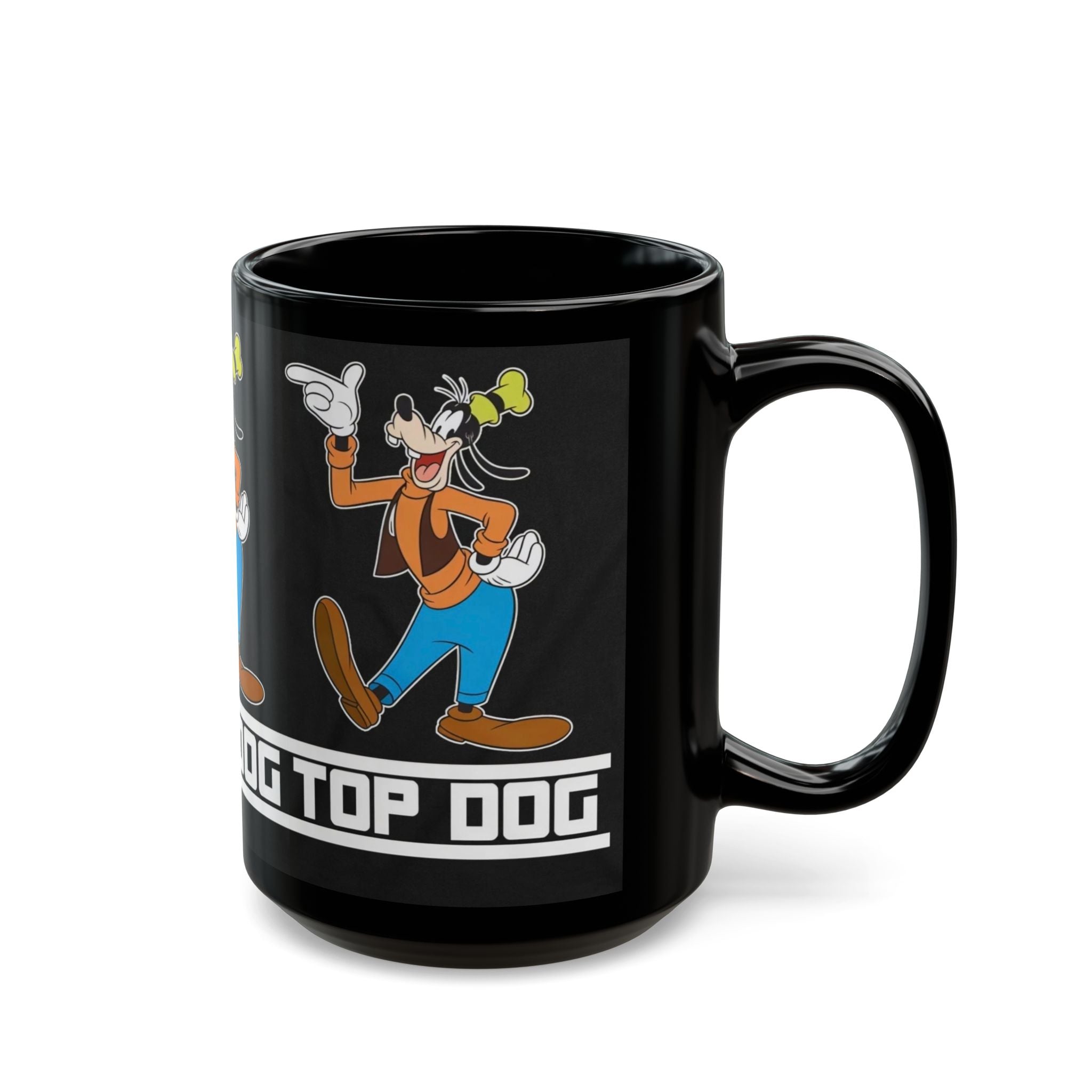 Top Dog Goofy Black Ceramic Mug — Retro Cartoon Character Coffee Cup (11oz & 15oz)