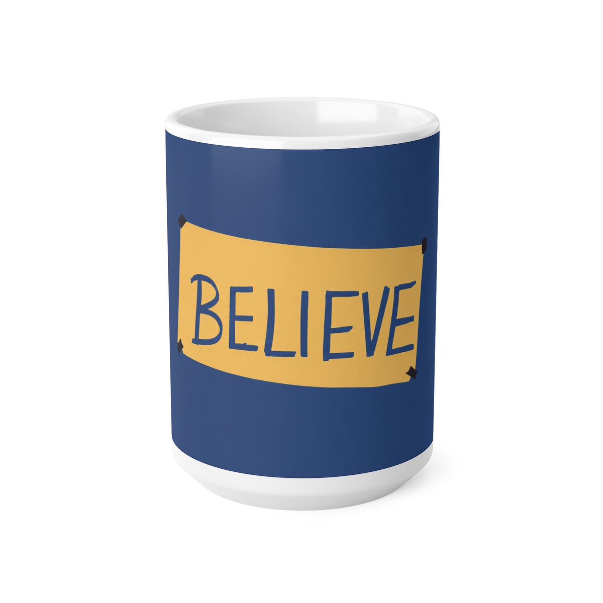 Ted Lasso Inspired Believe Ceramic Coffee Mug – Inspirational Blue & Gold 11oz/15oz