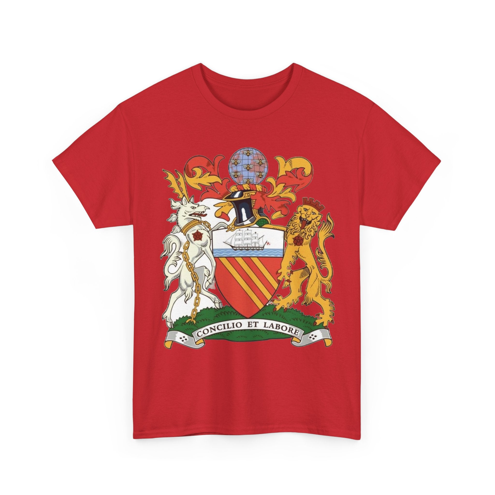 Manchester Coat of Arms Crest T‑Shirt — Heraldic Family Shield Tee with 'Concilio et Labore' Banner